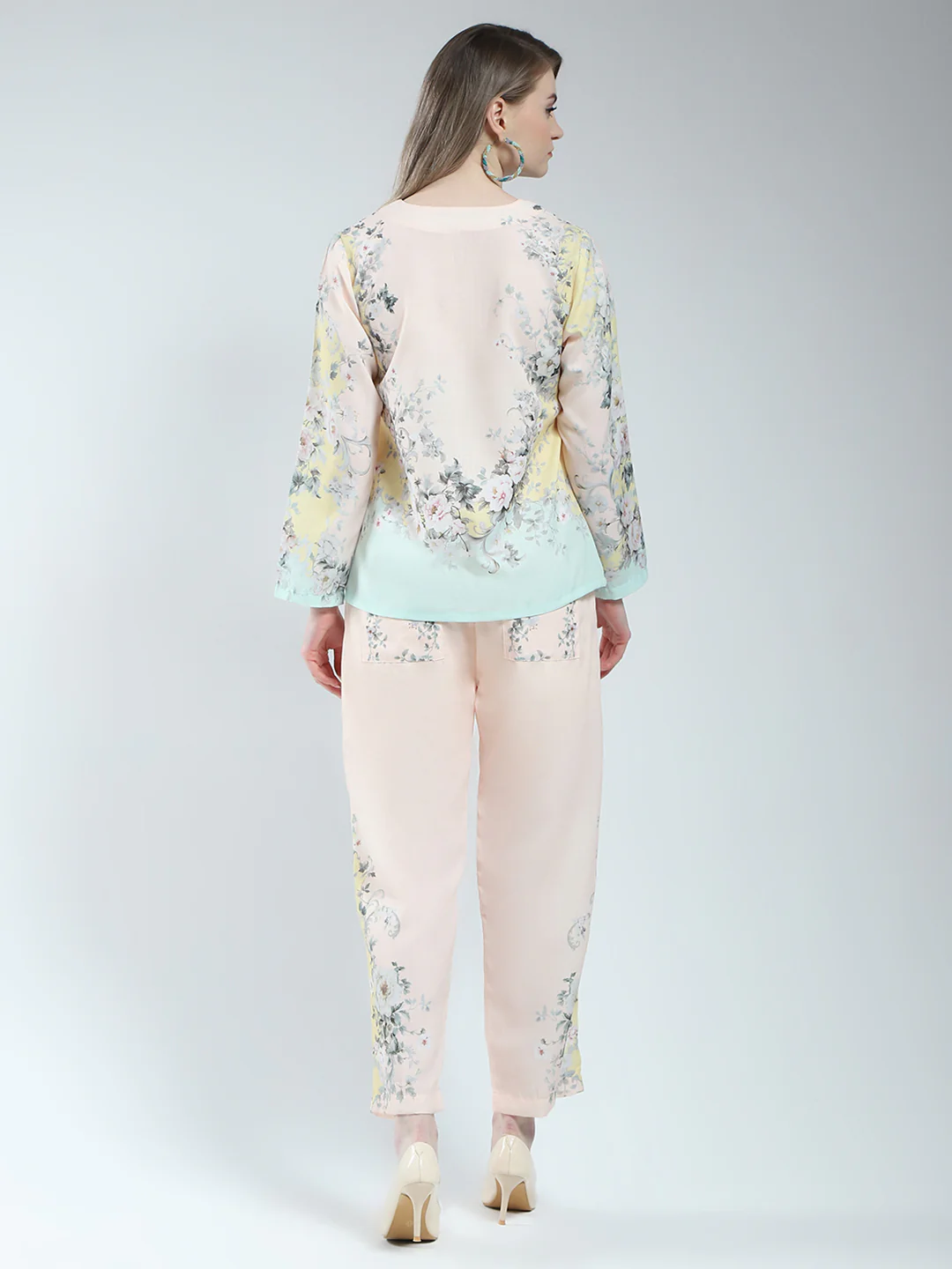 Women Beige Printed Round Neck Full Sleeve Cords Set - Image 2