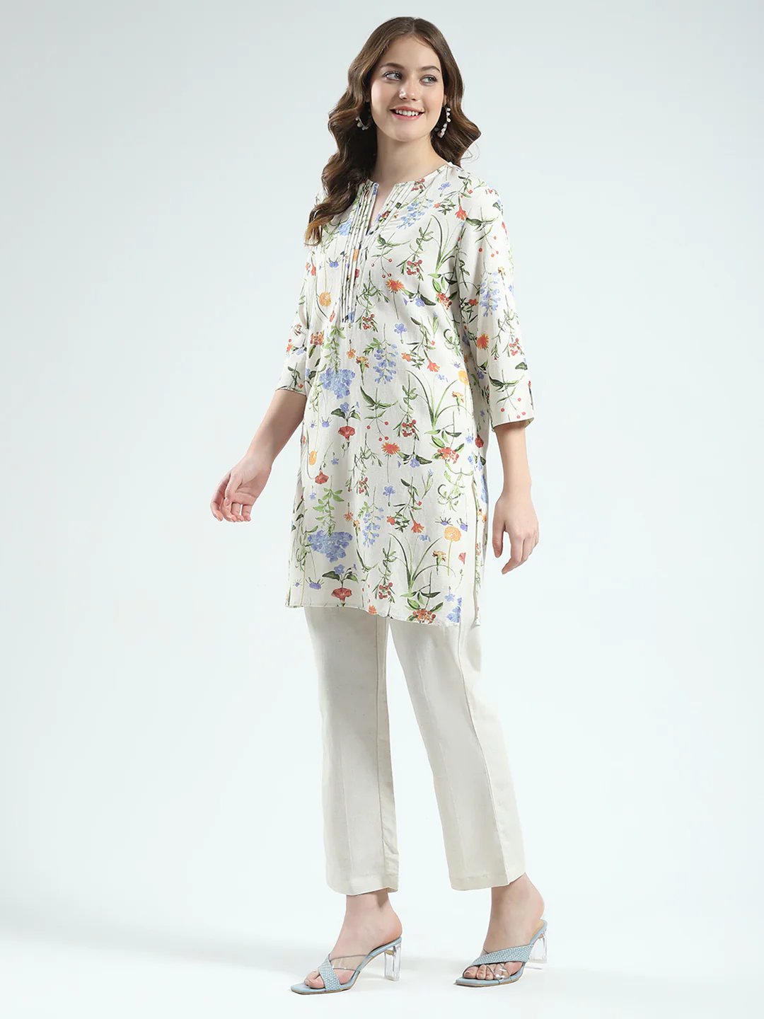 Women Beige Printed Round Neck Full Sleeve Cords Set - Image 4