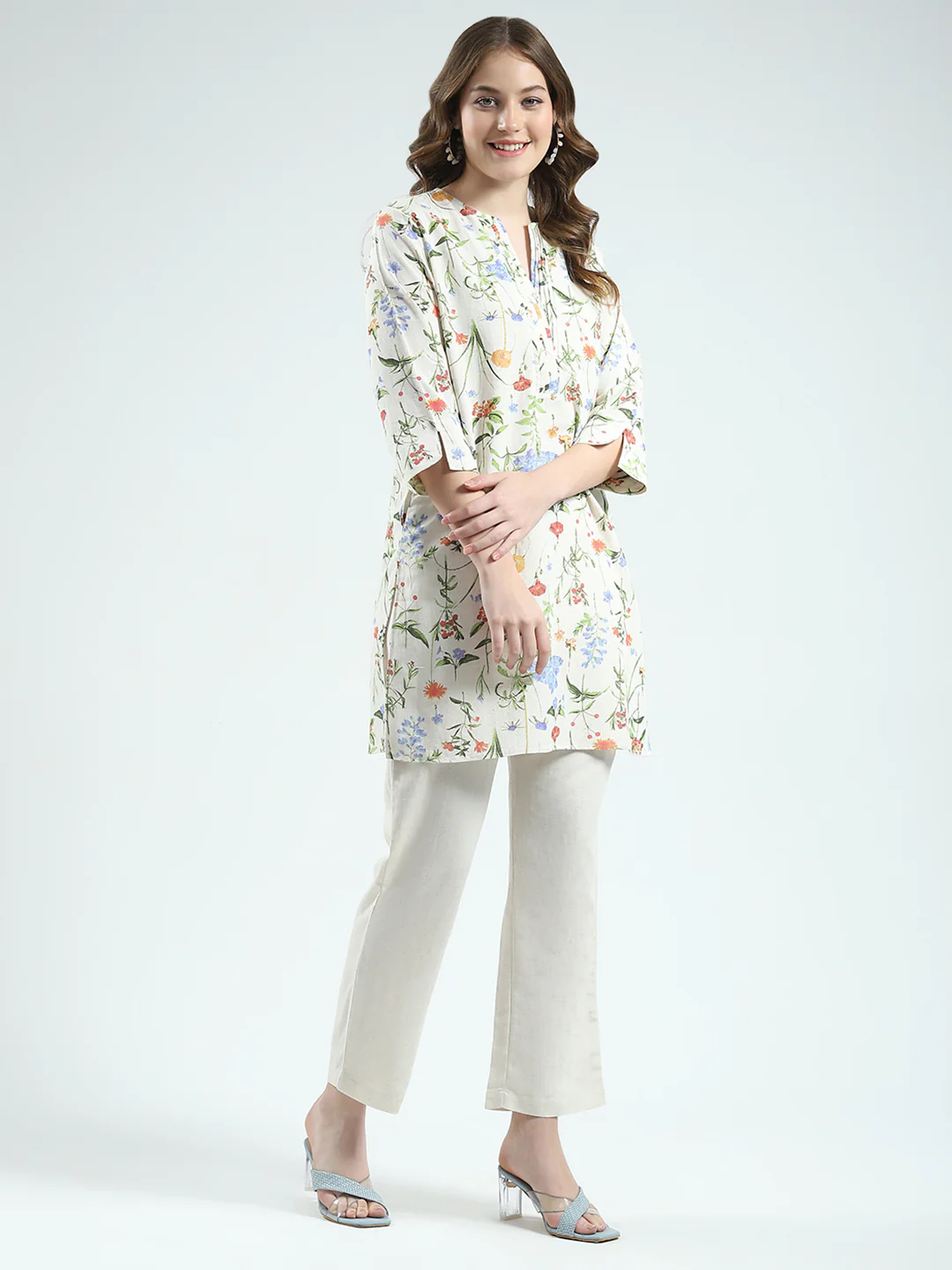 Women Beige Printed Round Neck Full Sleeve Cords Set - Image 5