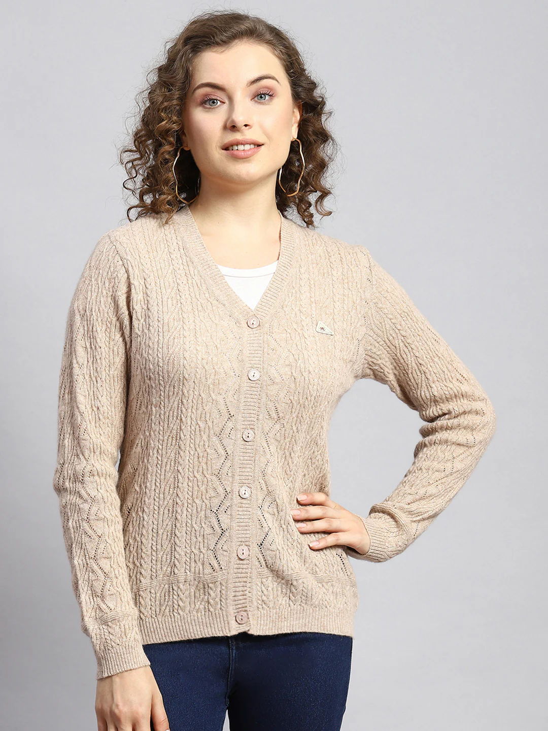 Women Beige Self Cardigan - Image 2
