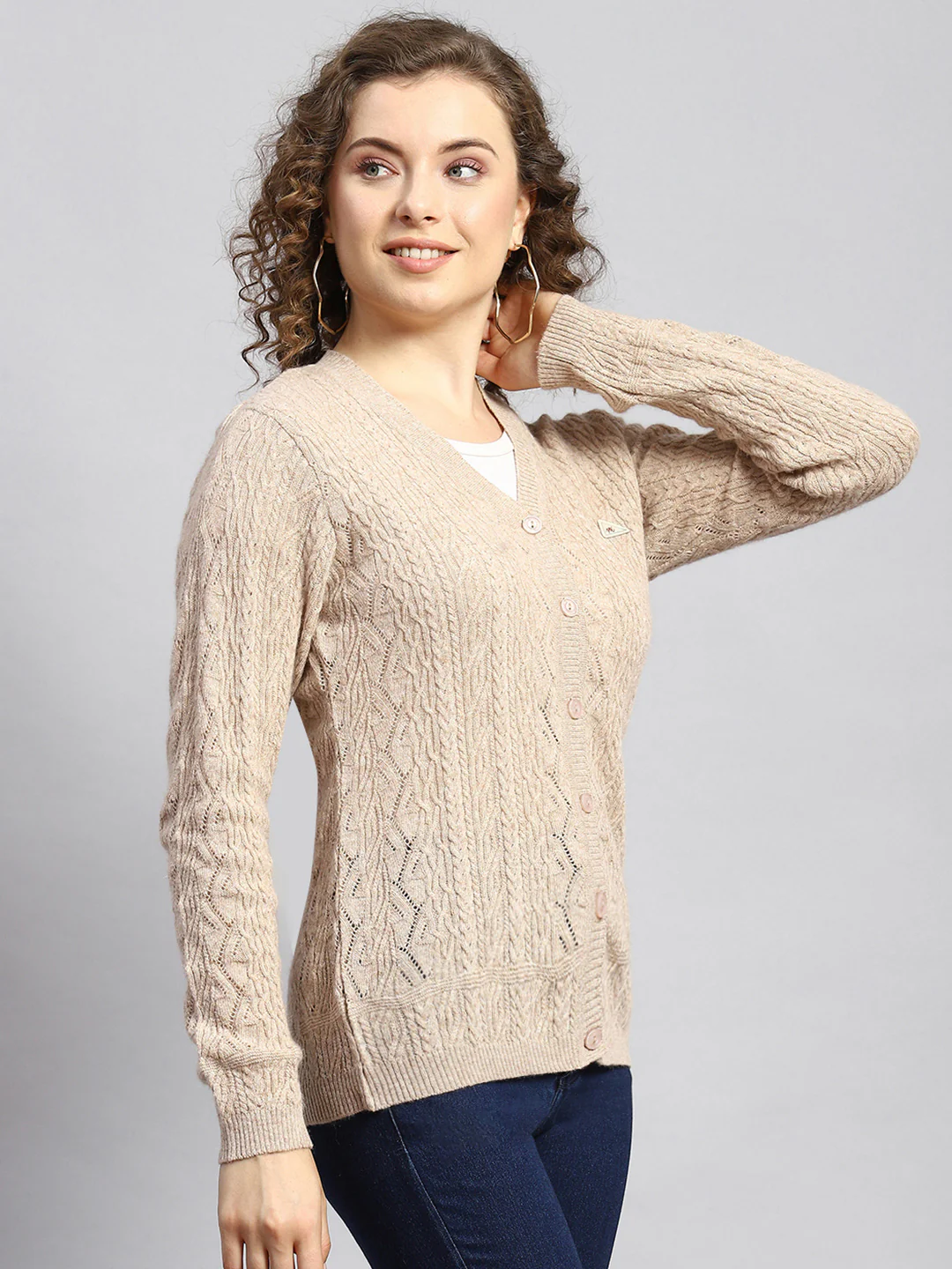 Women Beige Self Cardigan - Image 3