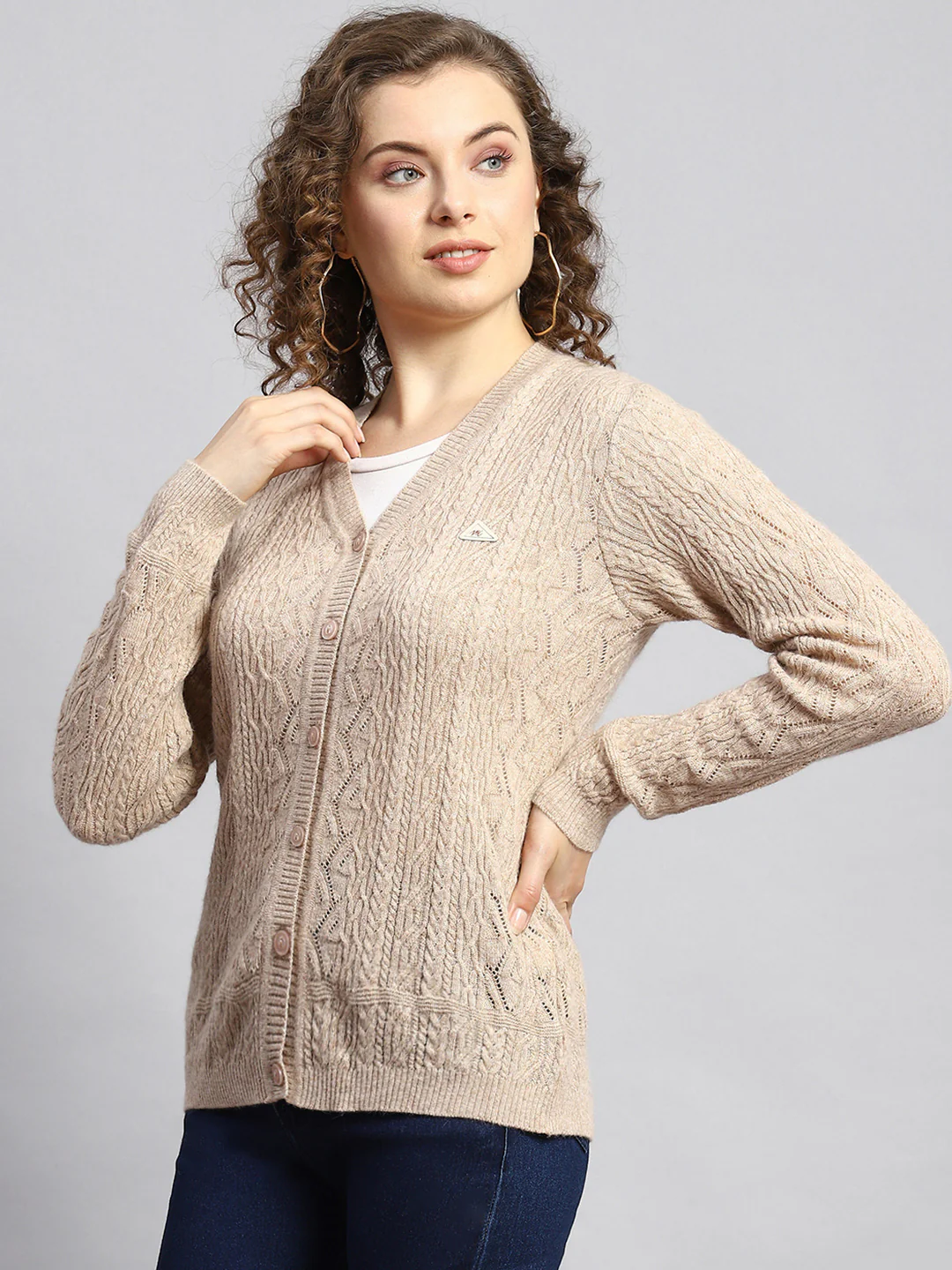 Women Beige Self Cardigan - Image 4