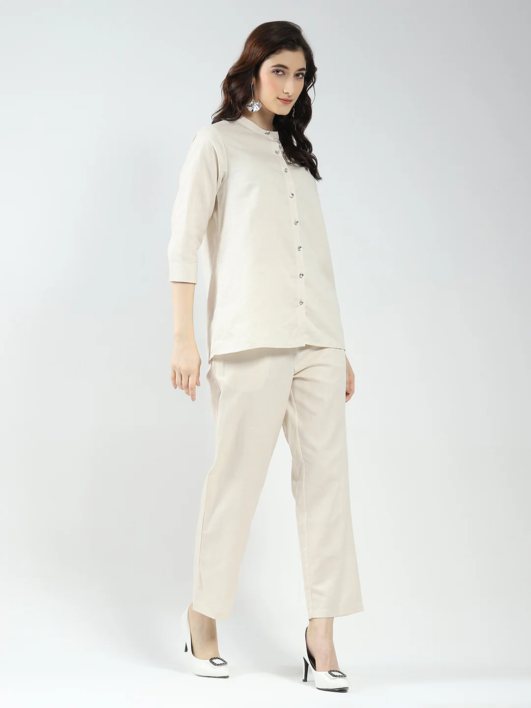 Women Beige Self Design Band Neck 3/4th Sleeve Cords Set - Image 5