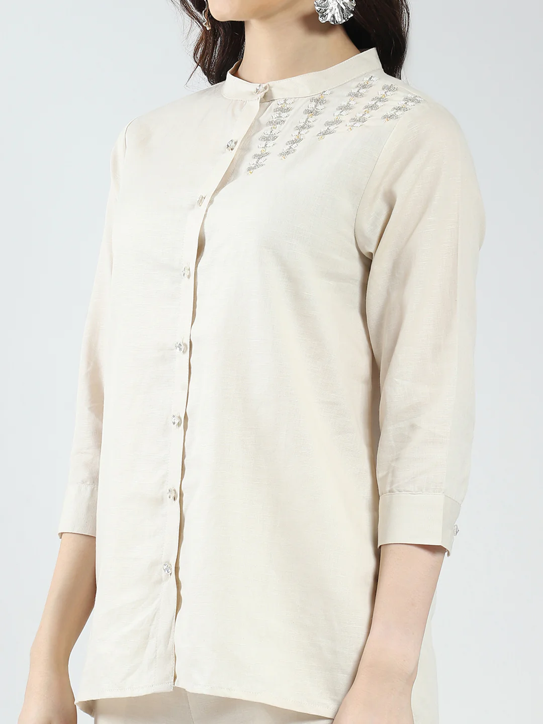 Women Beige Self Design Band Neck 3/4th Sleeve Cords Set - Image 8
