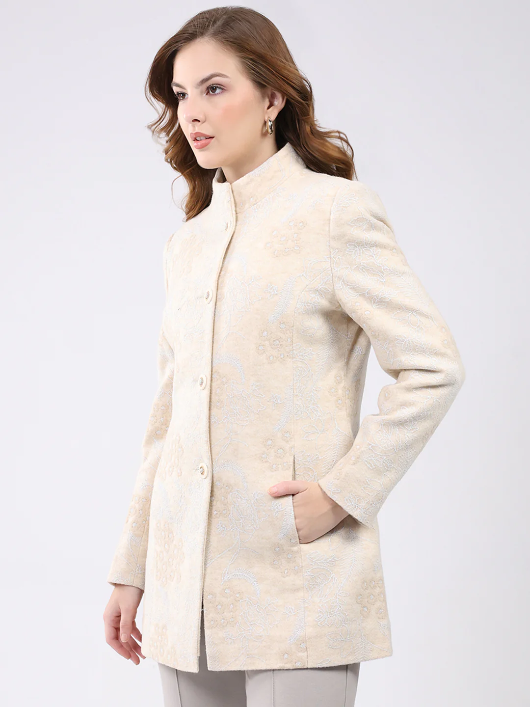 Women Beige Self Design Band Neck Full Sleeve Coat - Image 3