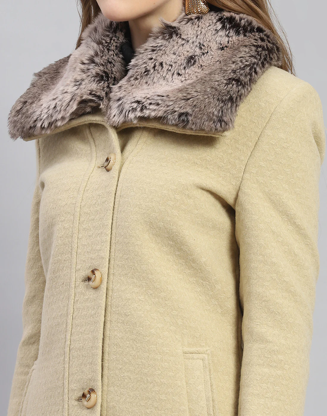 Women Beige Self Design Collar Full Sleeve Coat - Image 7