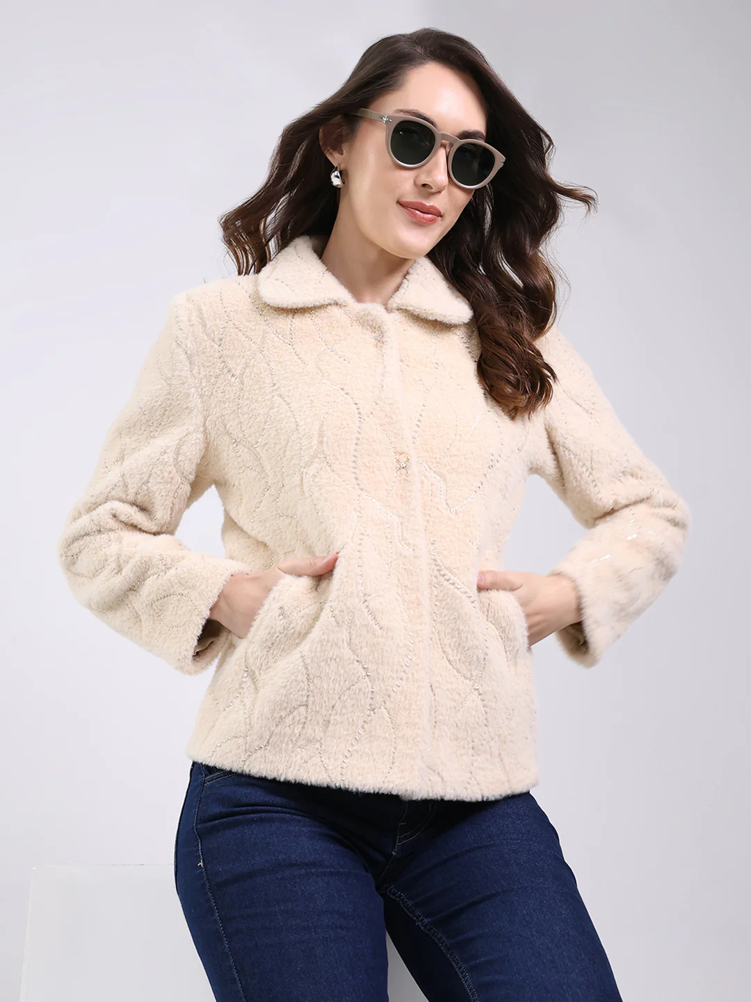 Women Beige Self Design Collar Full Sleeve Coat - Image 6