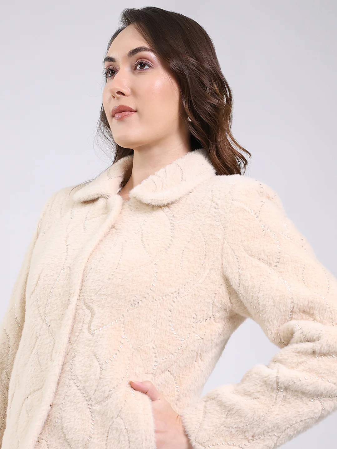 Women Beige Self Design Collar Full Sleeve Coat - Image 7