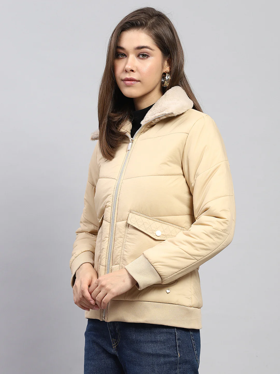Women Beige Self Design Collar Full Sleeve Jacket - Image 3