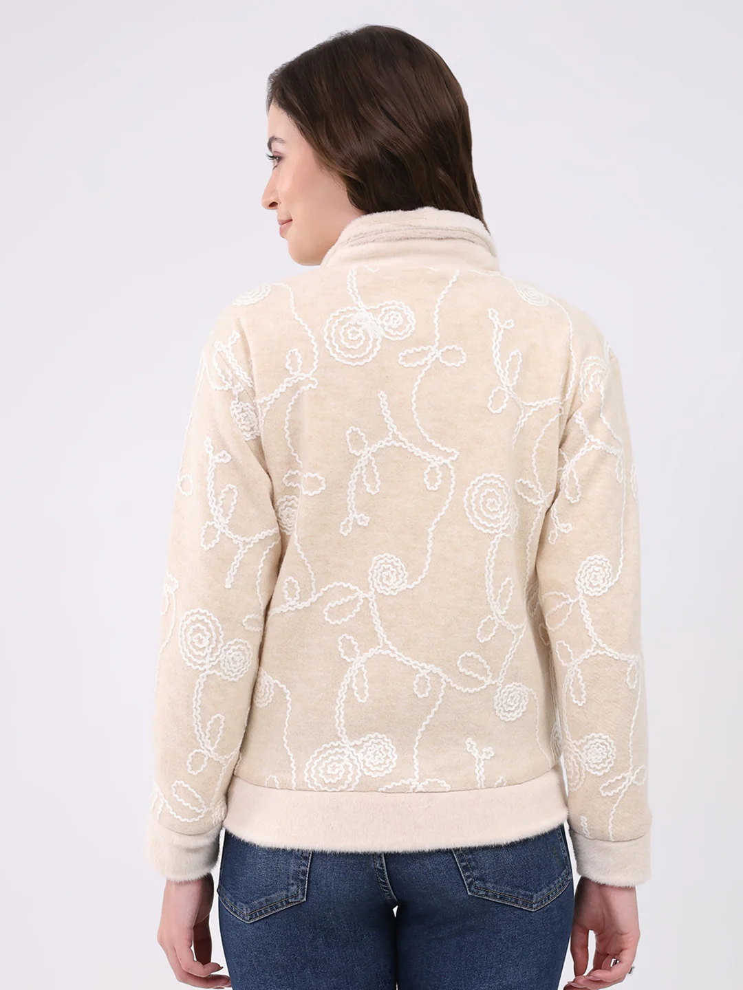 Women Beige Self Design Collar Full Sleeve Sweatshirt - Image 5