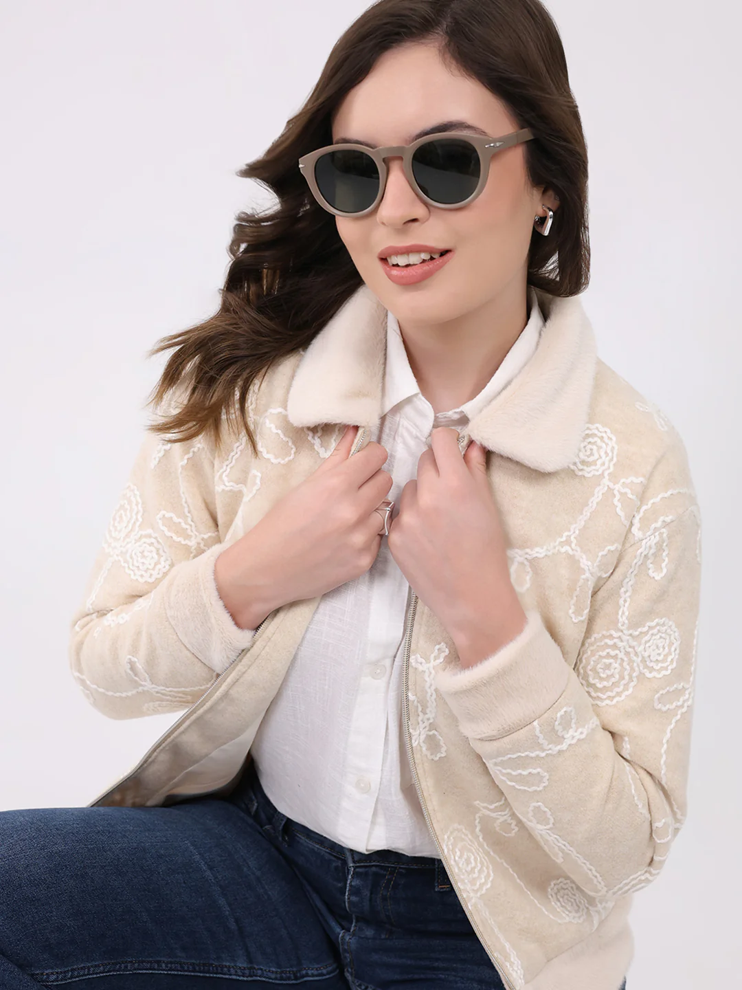 Women Beige Self Design Collar Full Sleeve Sweatshirt - Image 6