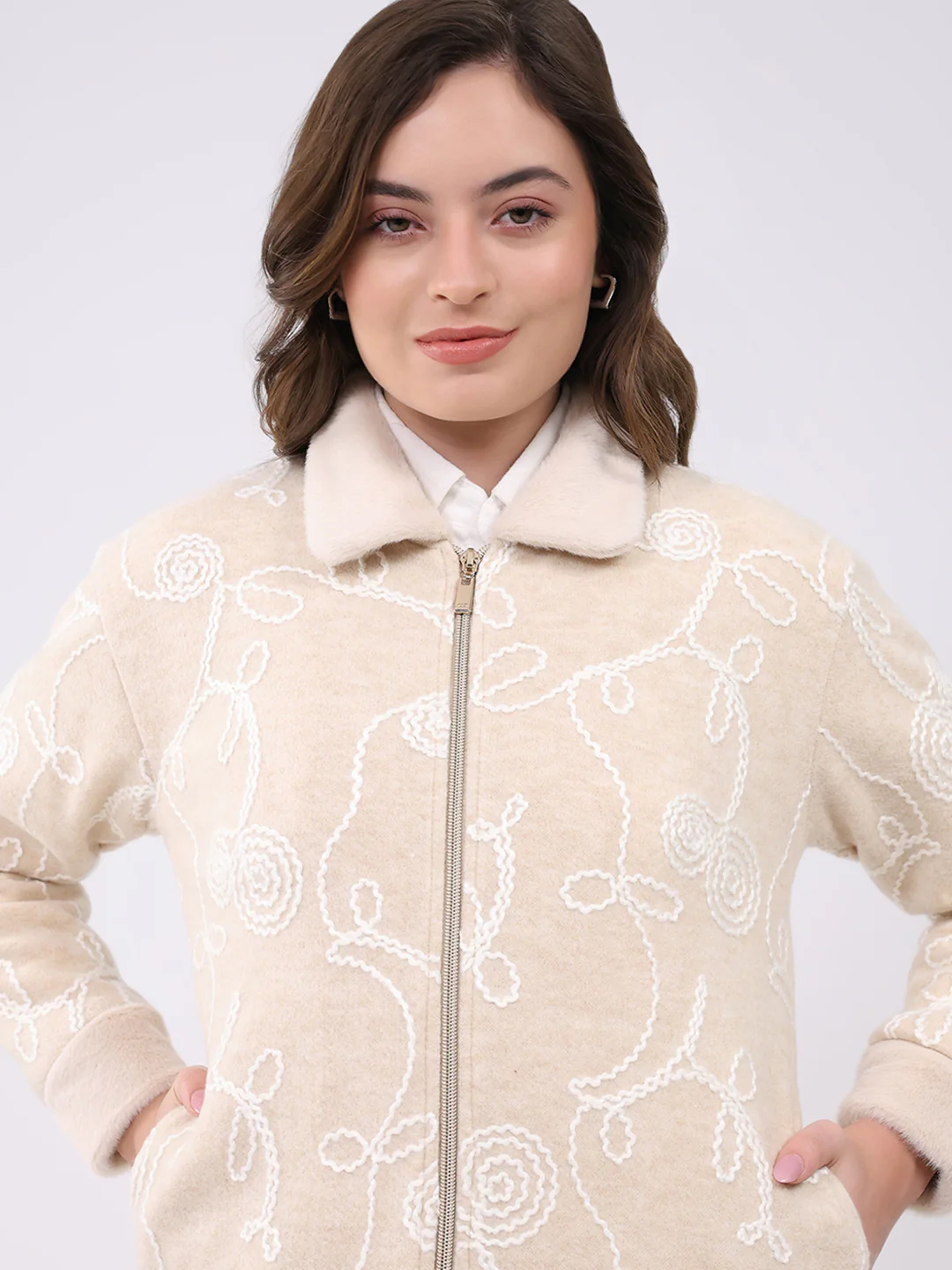 Women Beige Self Design Collar Full Sleeve Sweatshirt - Image 7