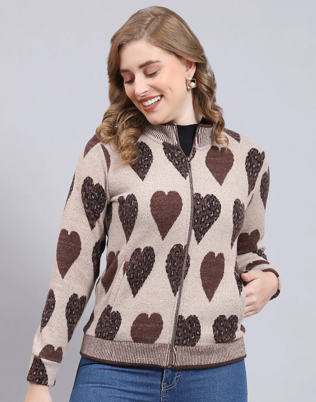 Women Beige Self Design F Neck Full Sleeve Sweatshirt - Image 2