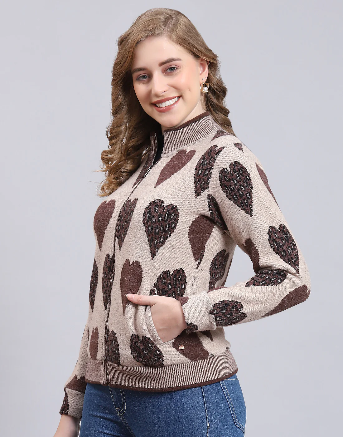 Women Beige Self Design F Neck Full Sleeve Sweatshirt - Image 3