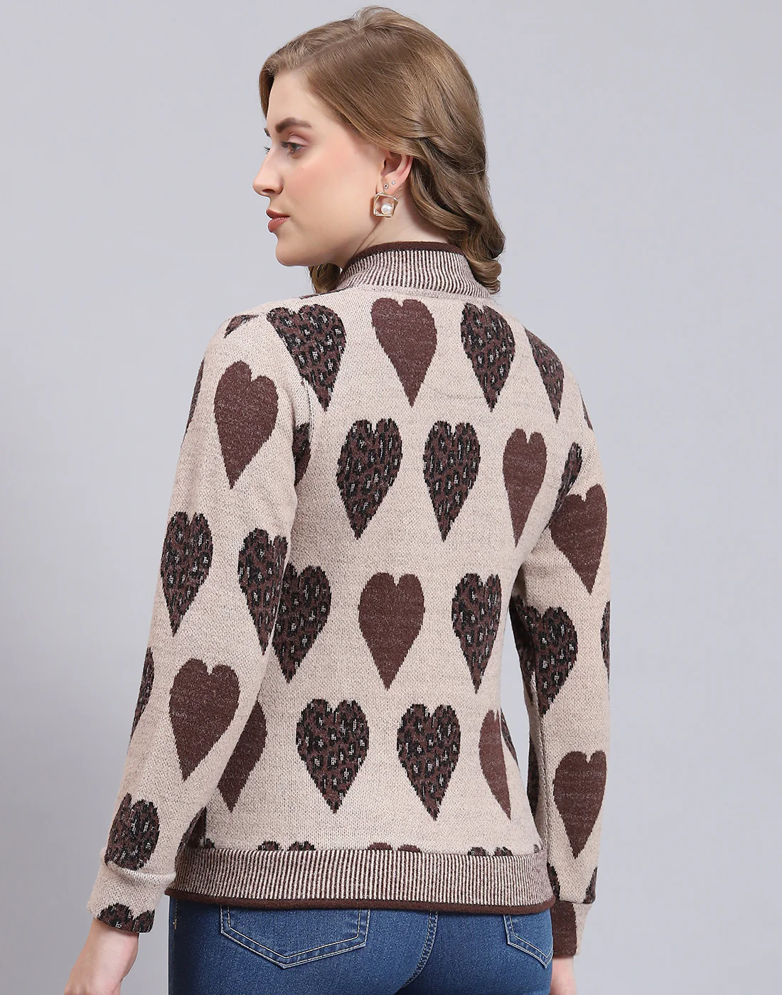 Women Beige Self Design F Neck Full Sleeve Sweatshirt - Image 6