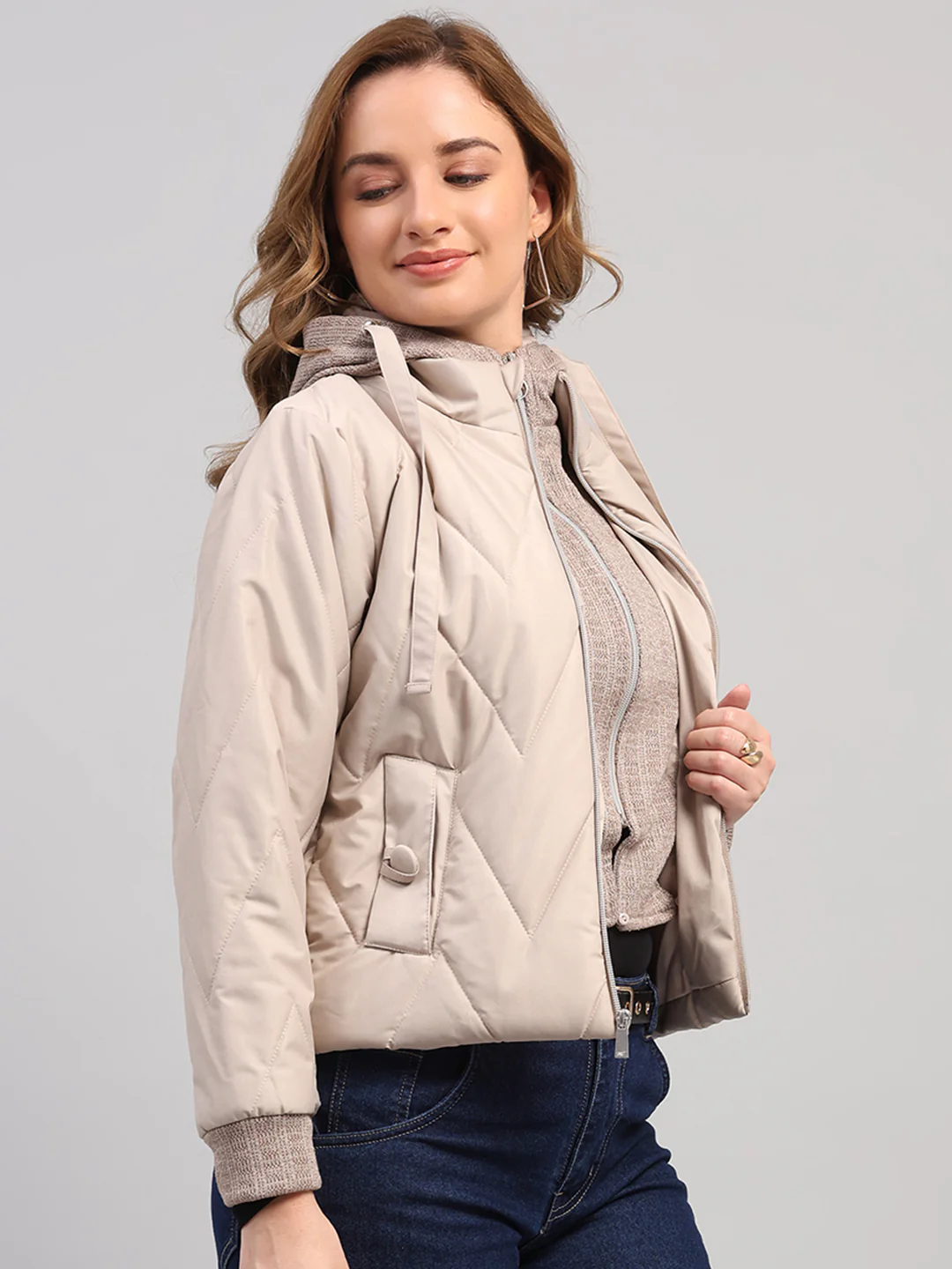 Women Beige Self Design Hooded Full Sleeve Jacket - Image 4