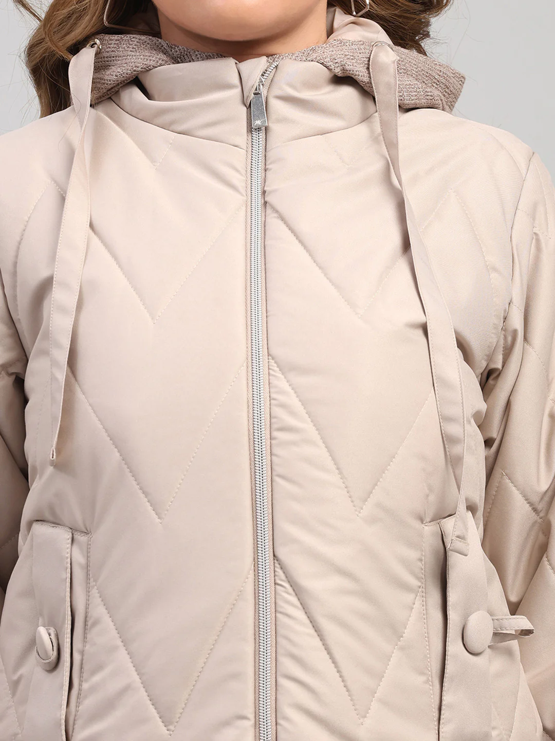 Women Beige Self Design Hooded Full Sleeve Jacket - Image 6