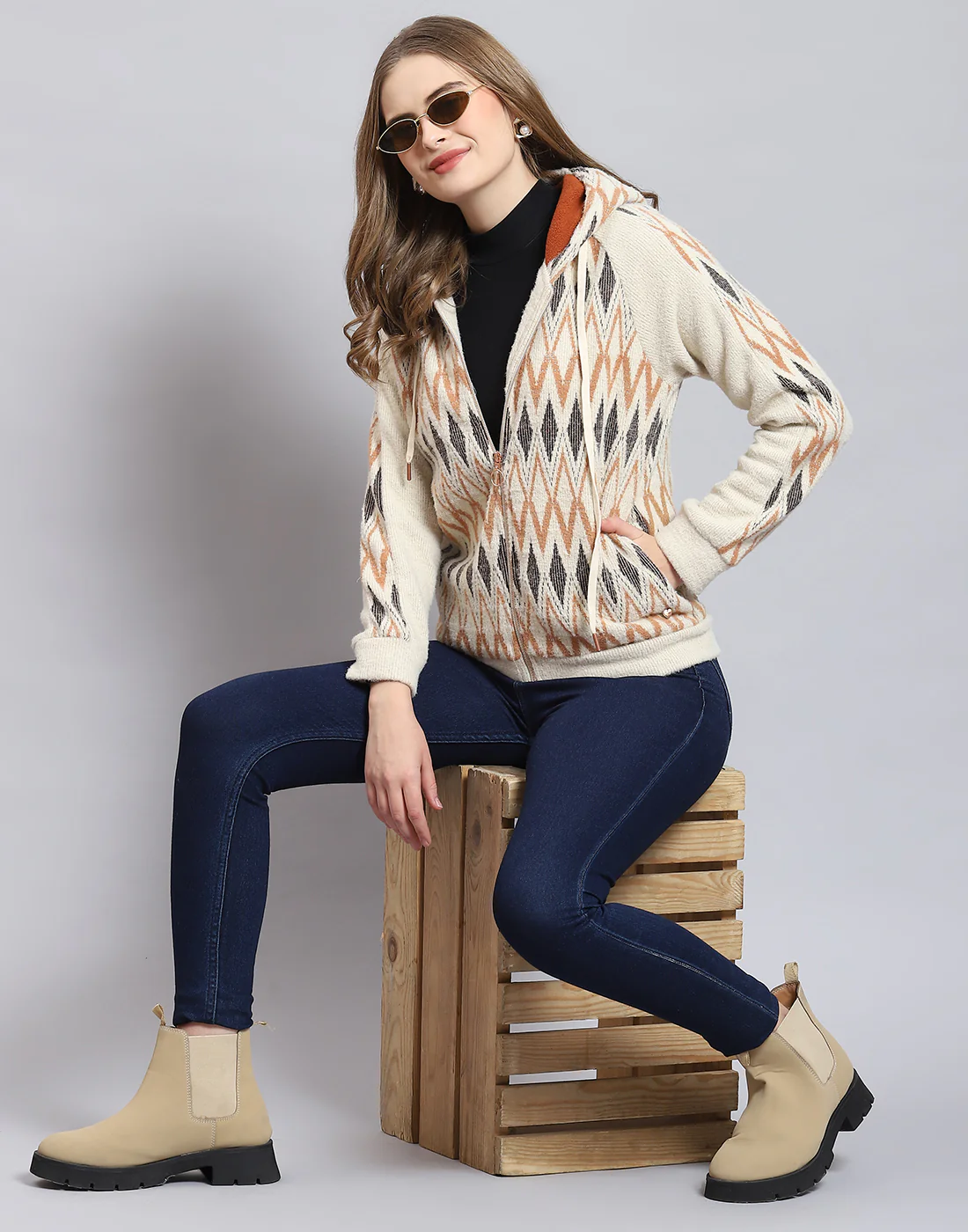 Women Beige Self Design Hooded Full Sleeve Sweatshirt - Image 2