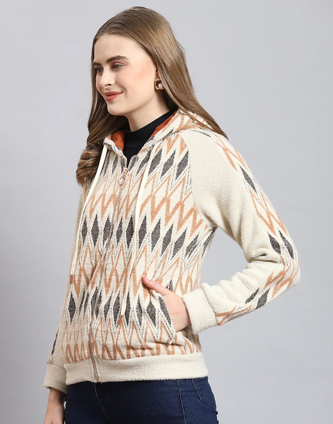 Women Beige Self Design Hooded Full Sleeve Sweatshirt - Image 4