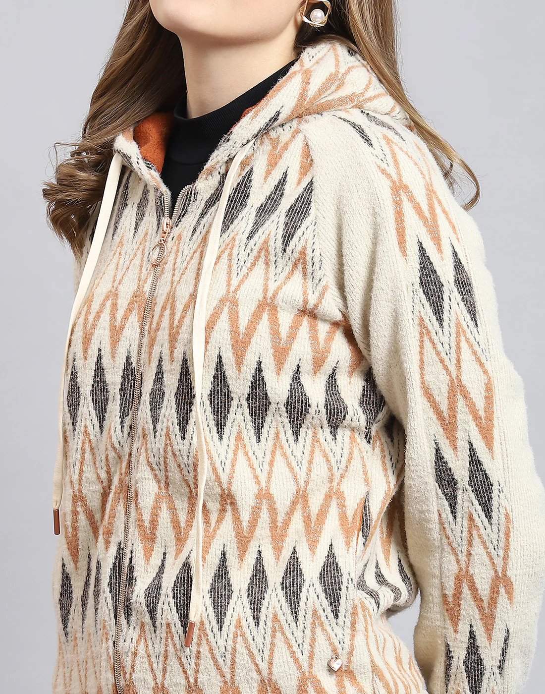 Women Beige Self Design Hooded Full Sleeve Sweatshirt - Image 7