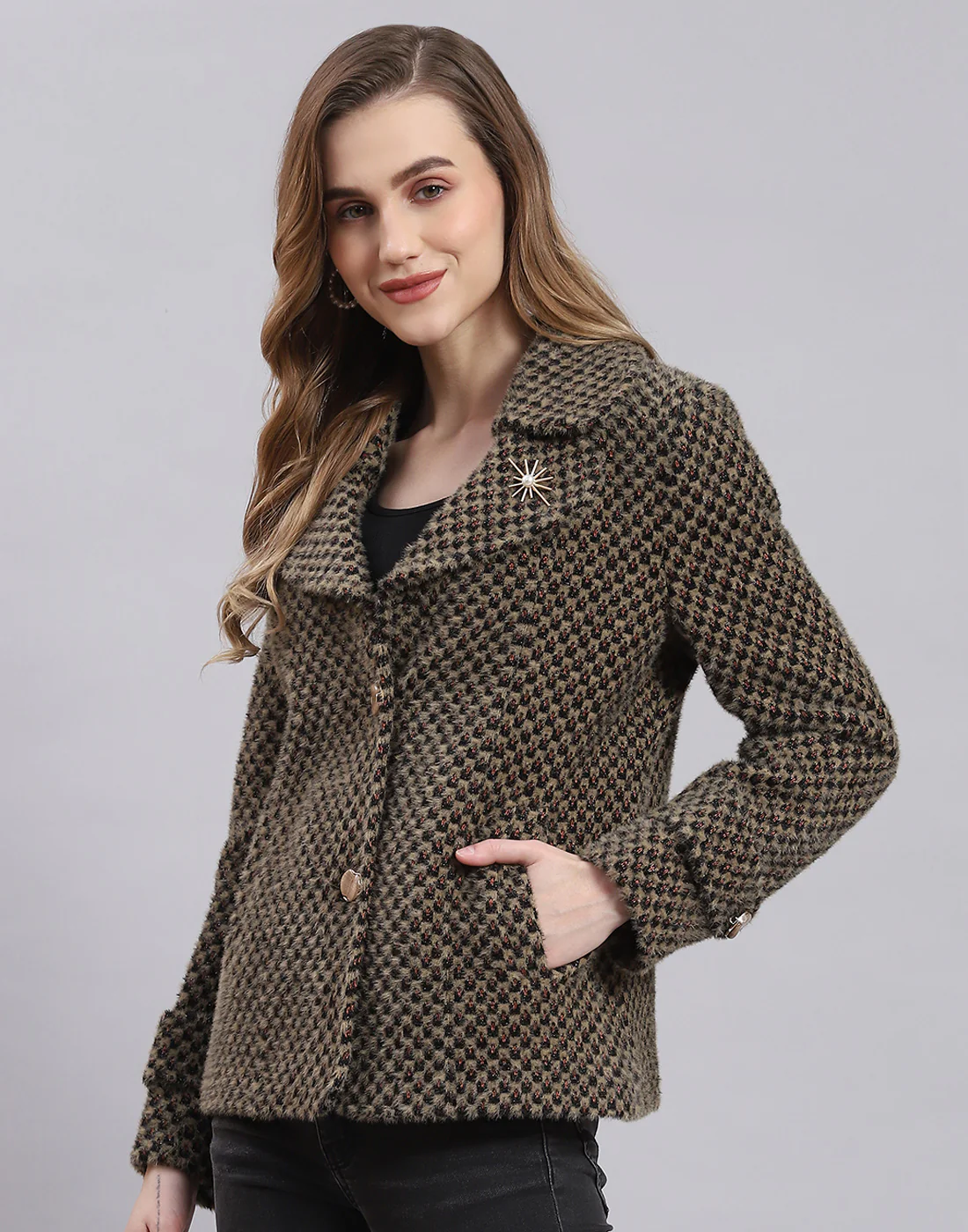 Women Beige Self Design Lapel Collar Full Sleeve Coat - Image 3