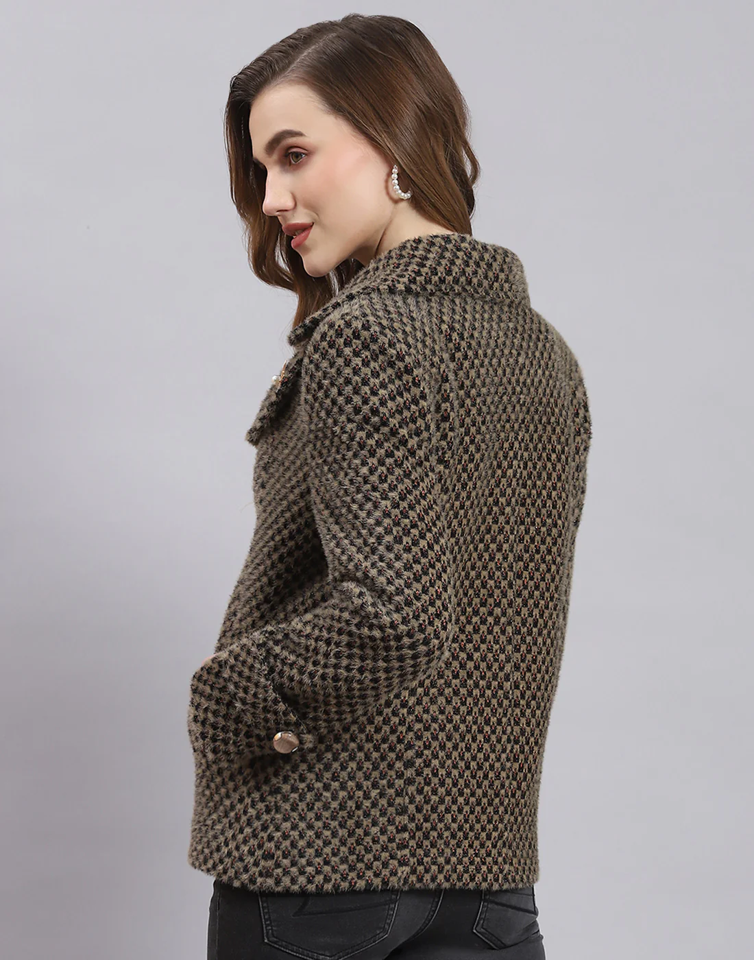 Women Beige Self Design Lapel Collar Full Sleeve Coat - Image 5