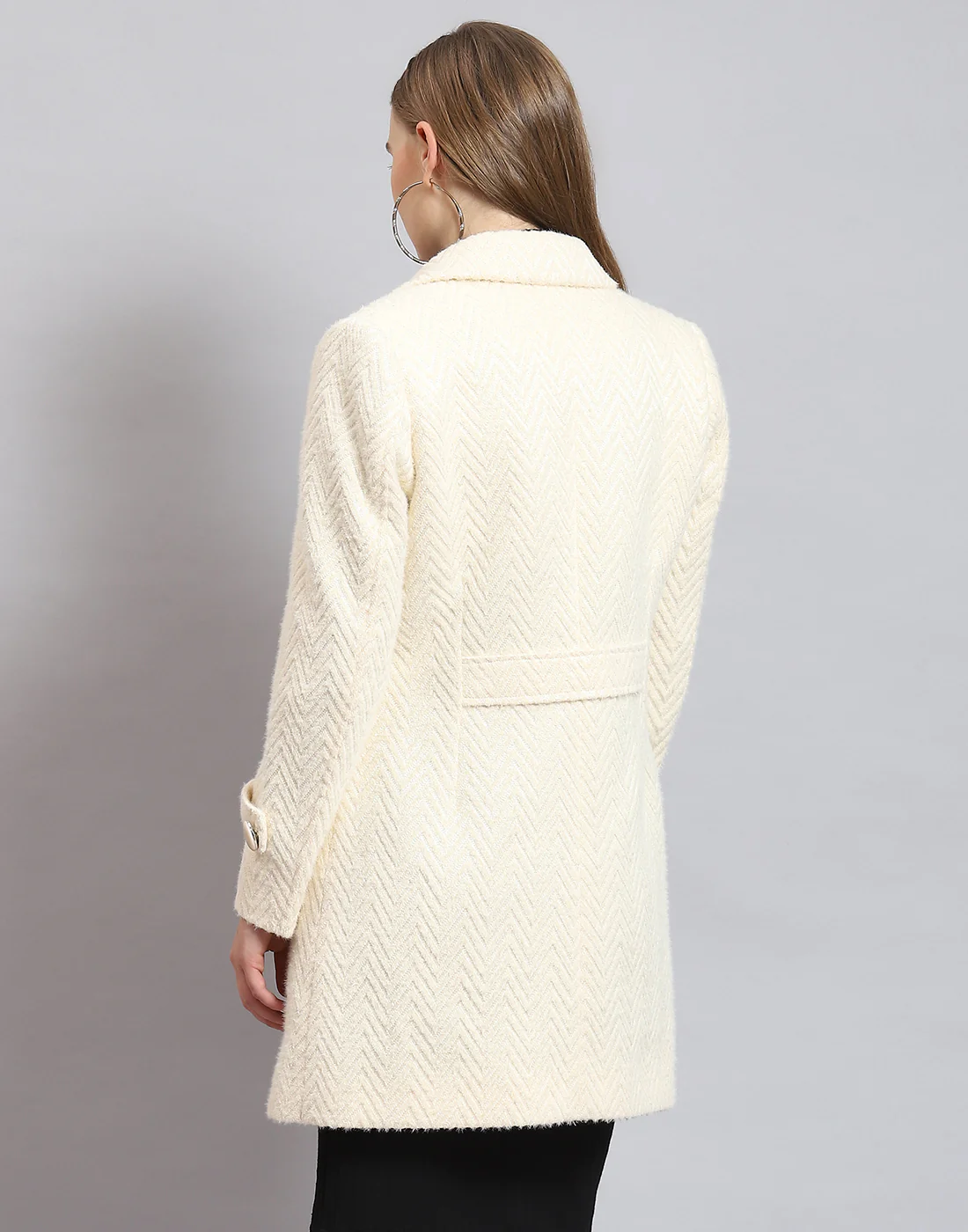 Women Beige Self Design Lapel Collar Full Sleeve Coat - Image 5