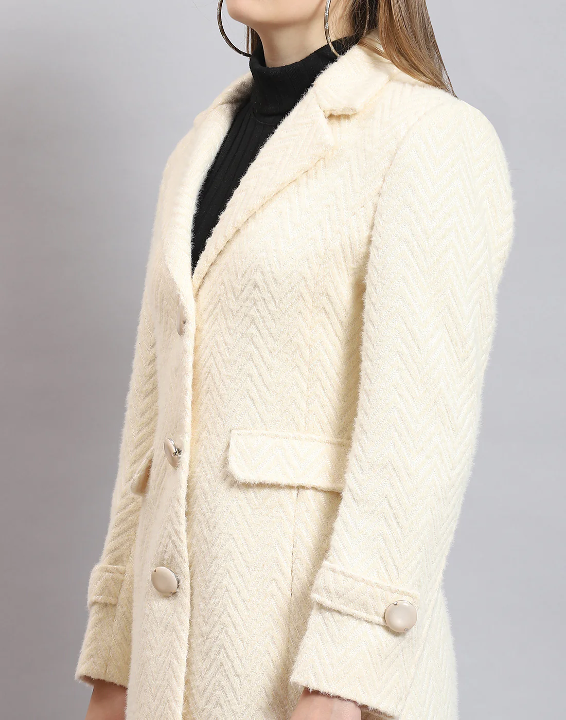 Women Beige Self Design Lapel Collar Full Sleeve Coat - Image 6