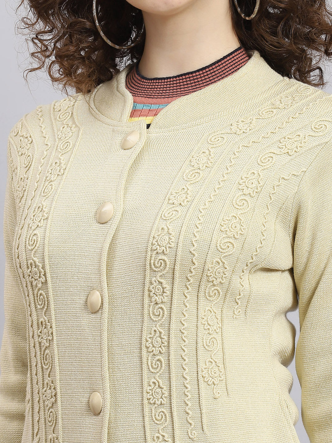 Women Beige Self Design Mandarin Collar Full Sleeve Coat - Image 2