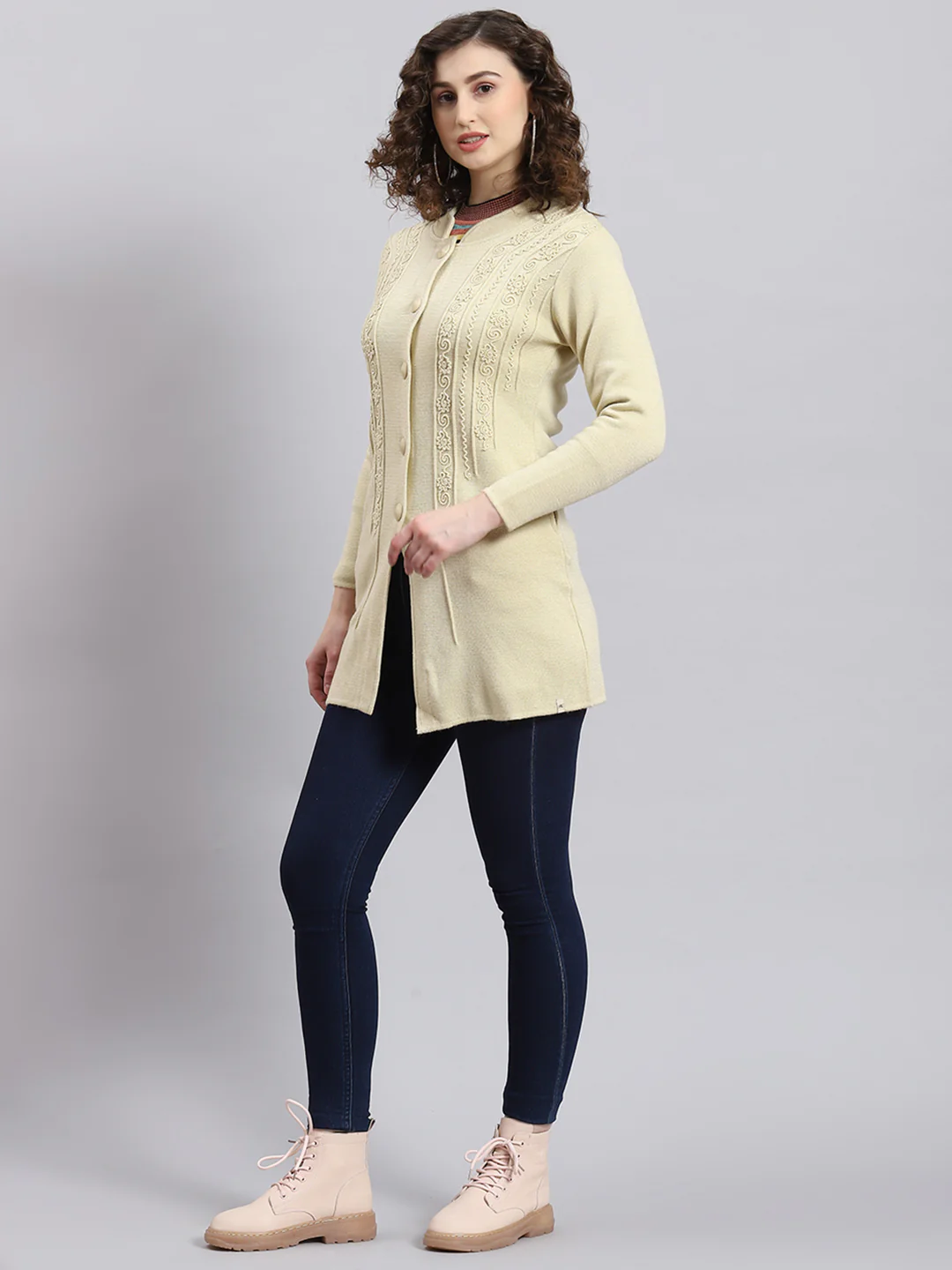 Women Beige Self Design Mandarin Collar Full Sleeve Coat - Image 3