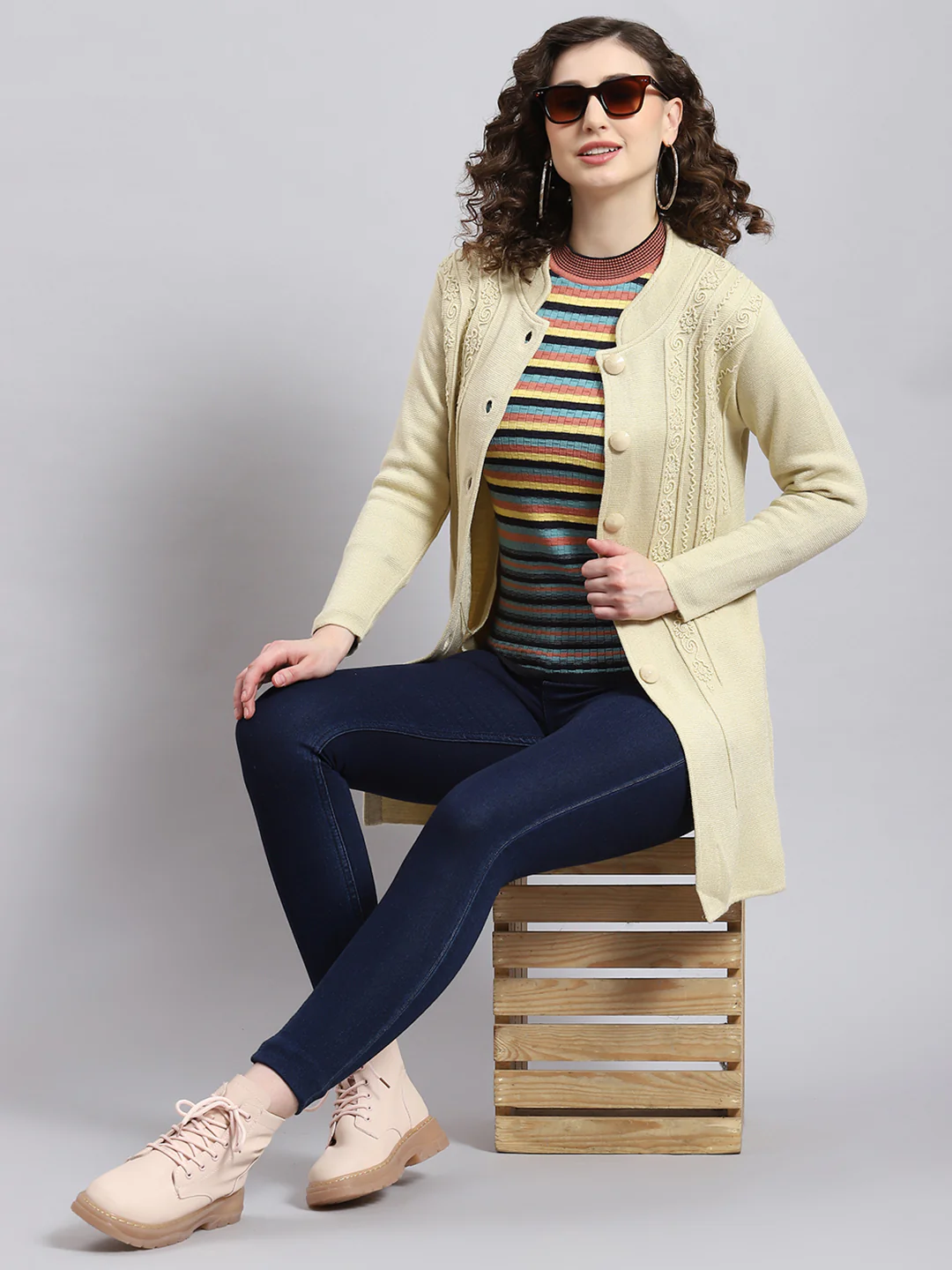 Women Beige Self Design Mandarin Collar Full Sleeve Coat - Image 4