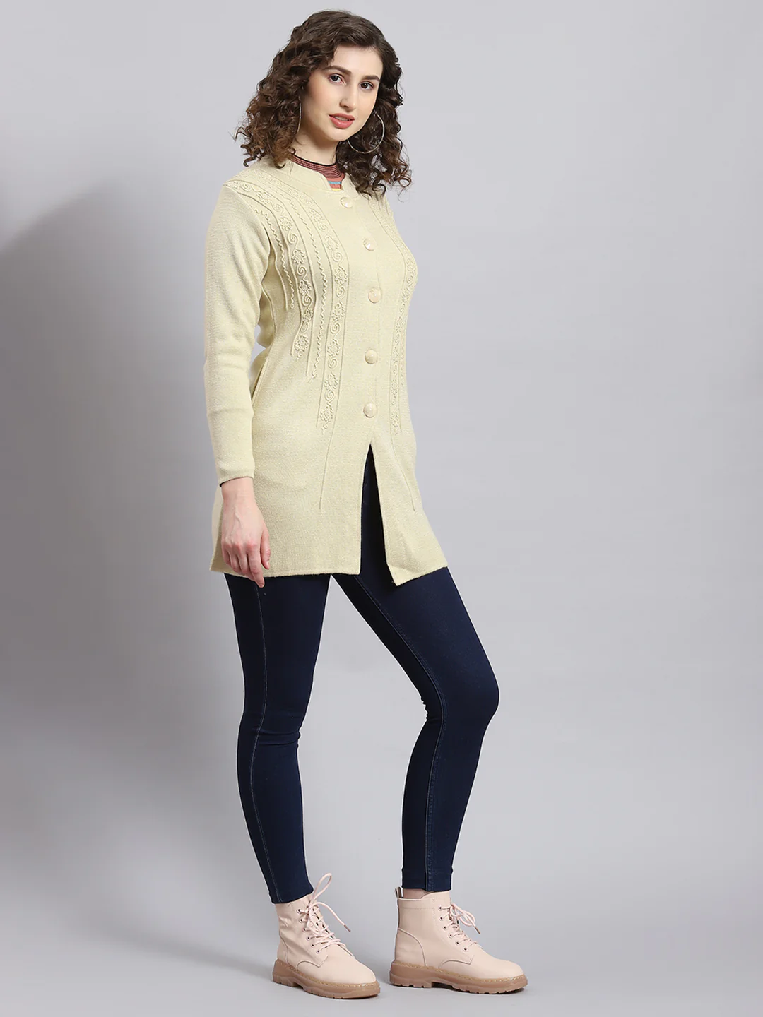 Women Beige Self Design Mandarin Collar Full Sleeve Coat - Image 6