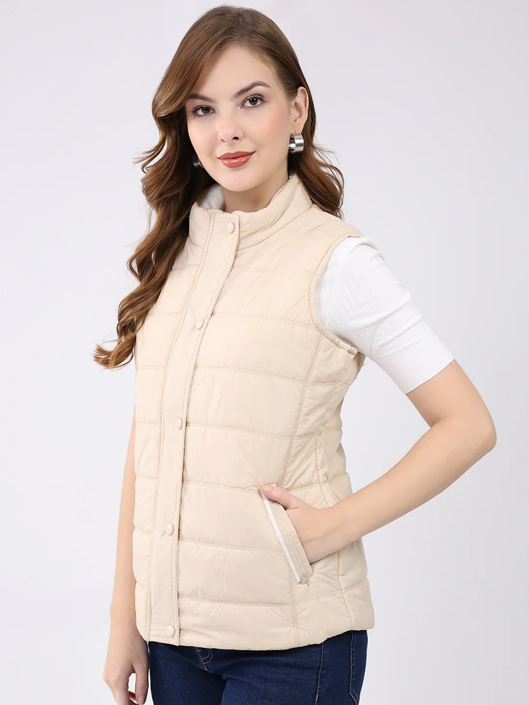 Women Beige Self Design Mock Neck Sleeveless Jacket - Image 3