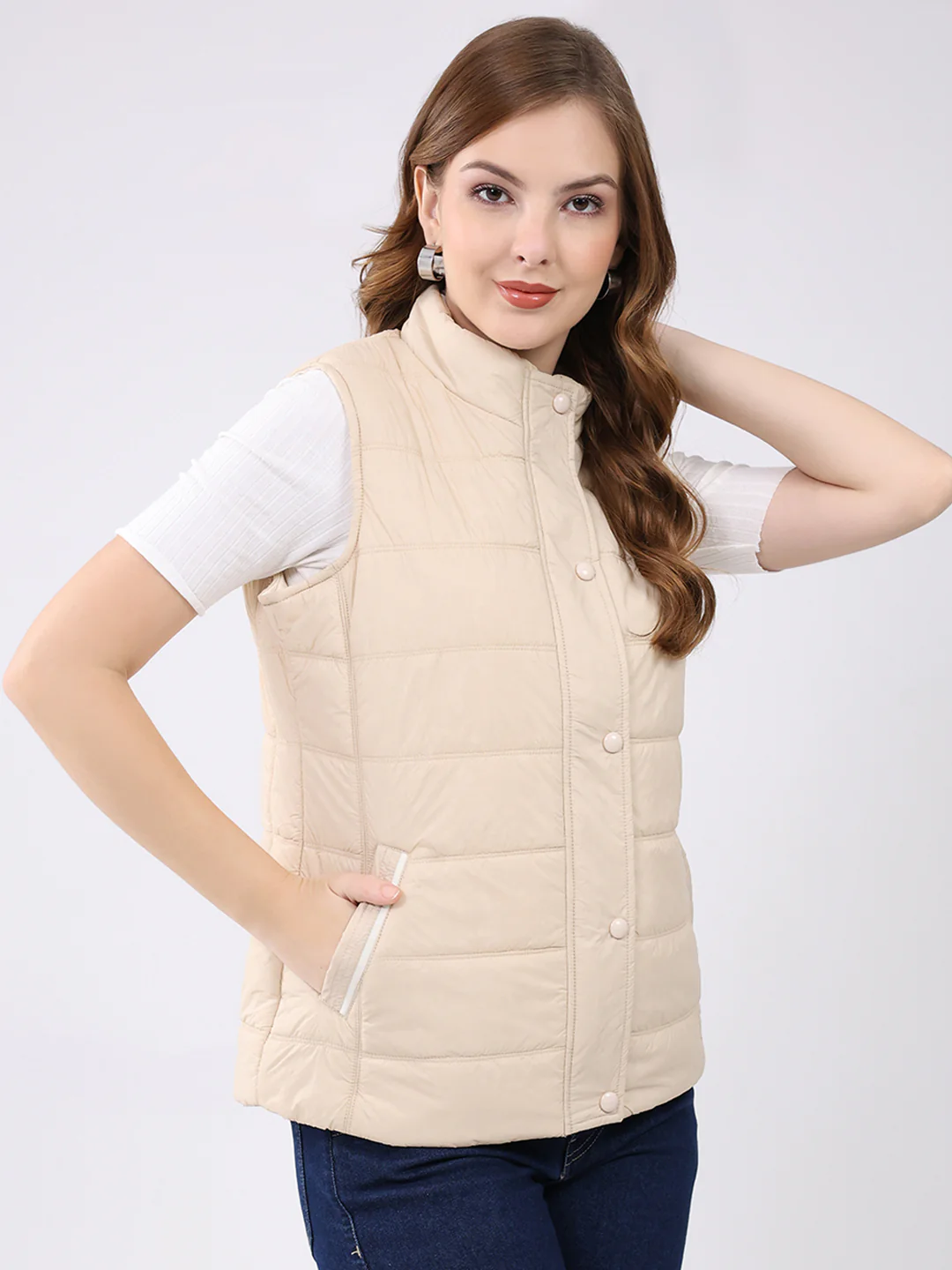 Women Beige Self Design Mock Neck Sleeveless Jacket - Image 4