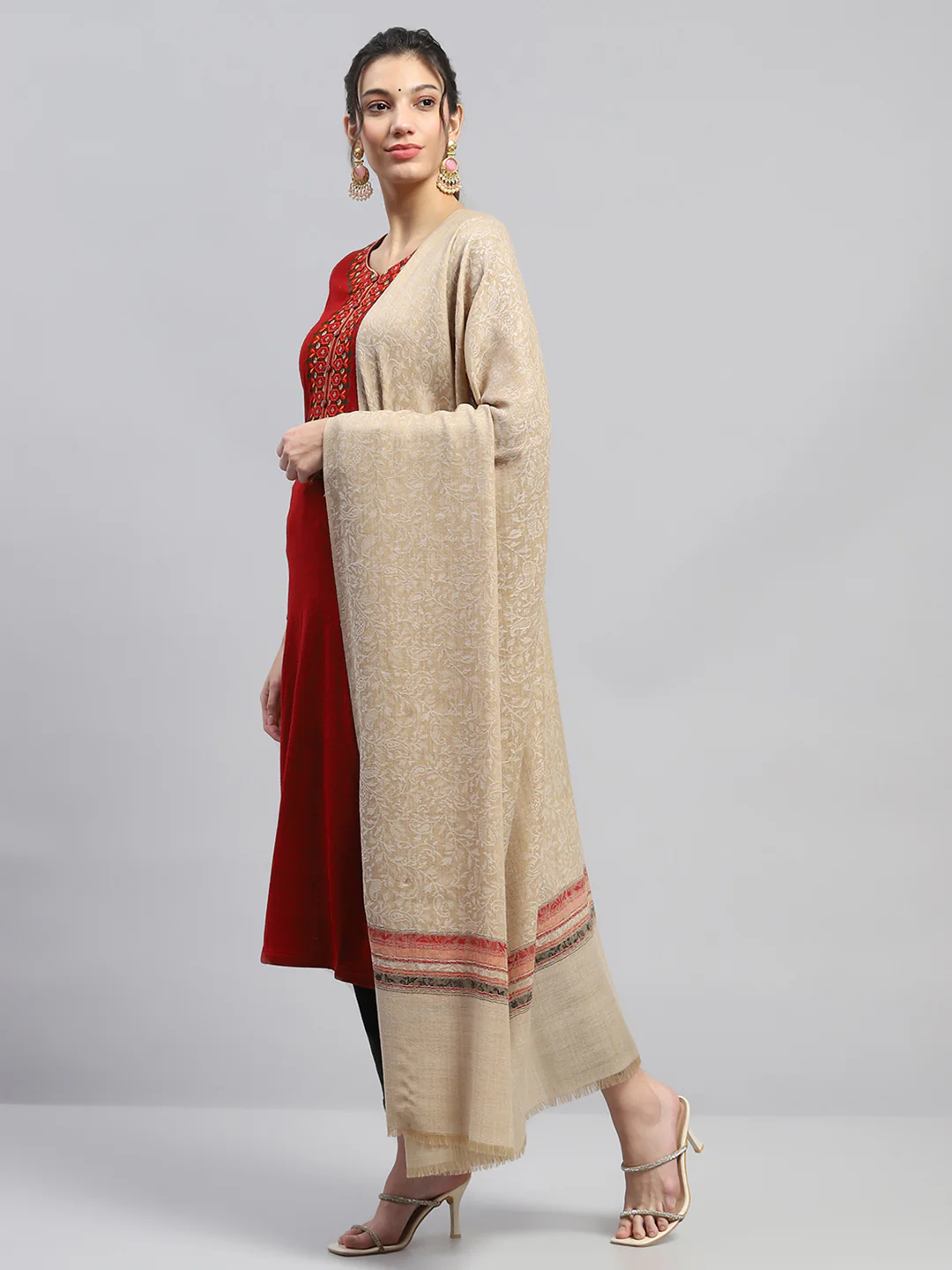 Women Beige Self Design Reversible Shawl - Image 3