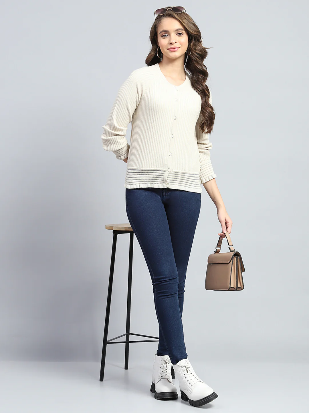 Women Beige Self Design Round Neck Full Sleeve Cardigan - Image 2