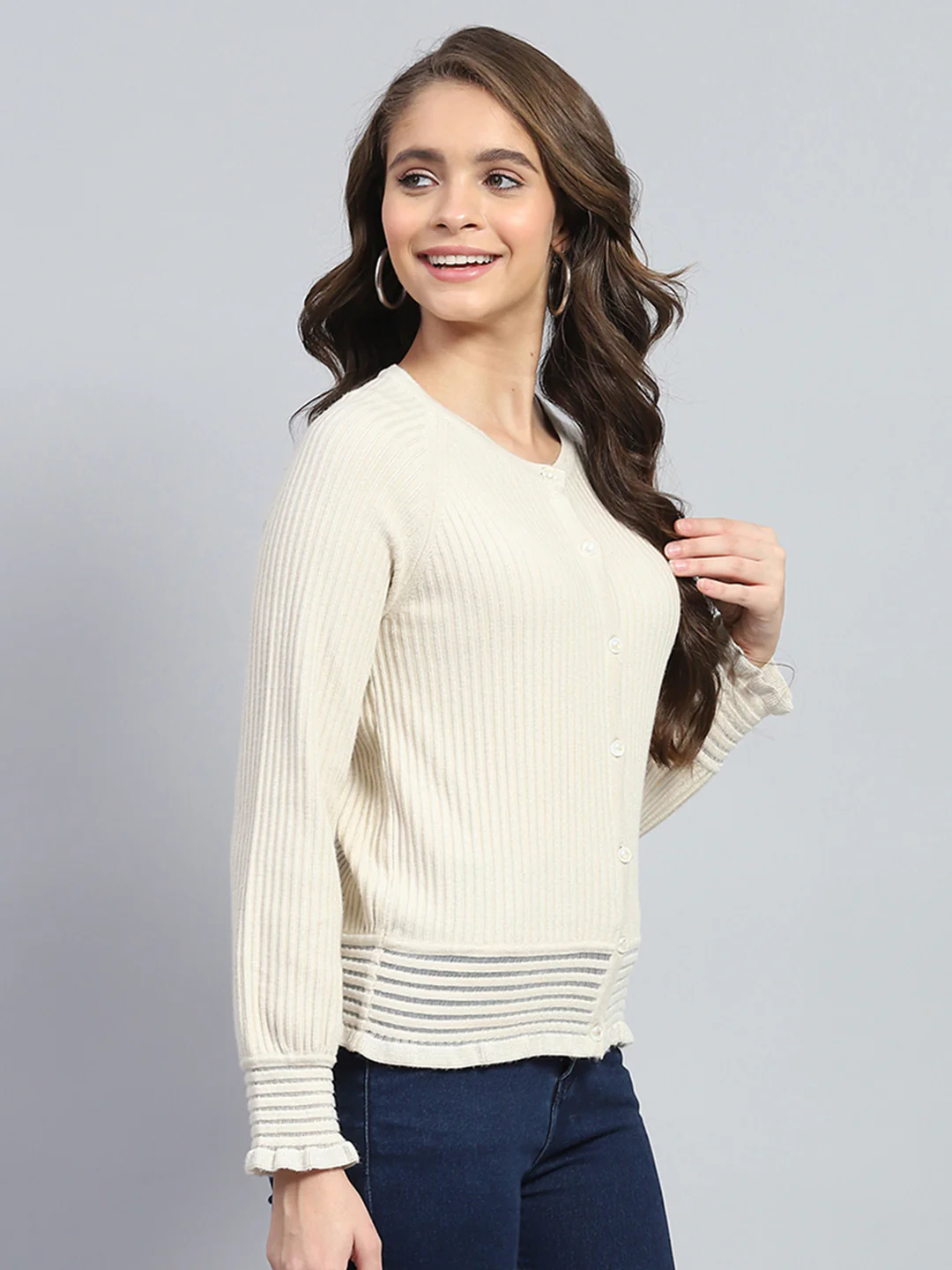 Women Beige Self Design Round Neck Full Sleeve Cardigan - Image 4