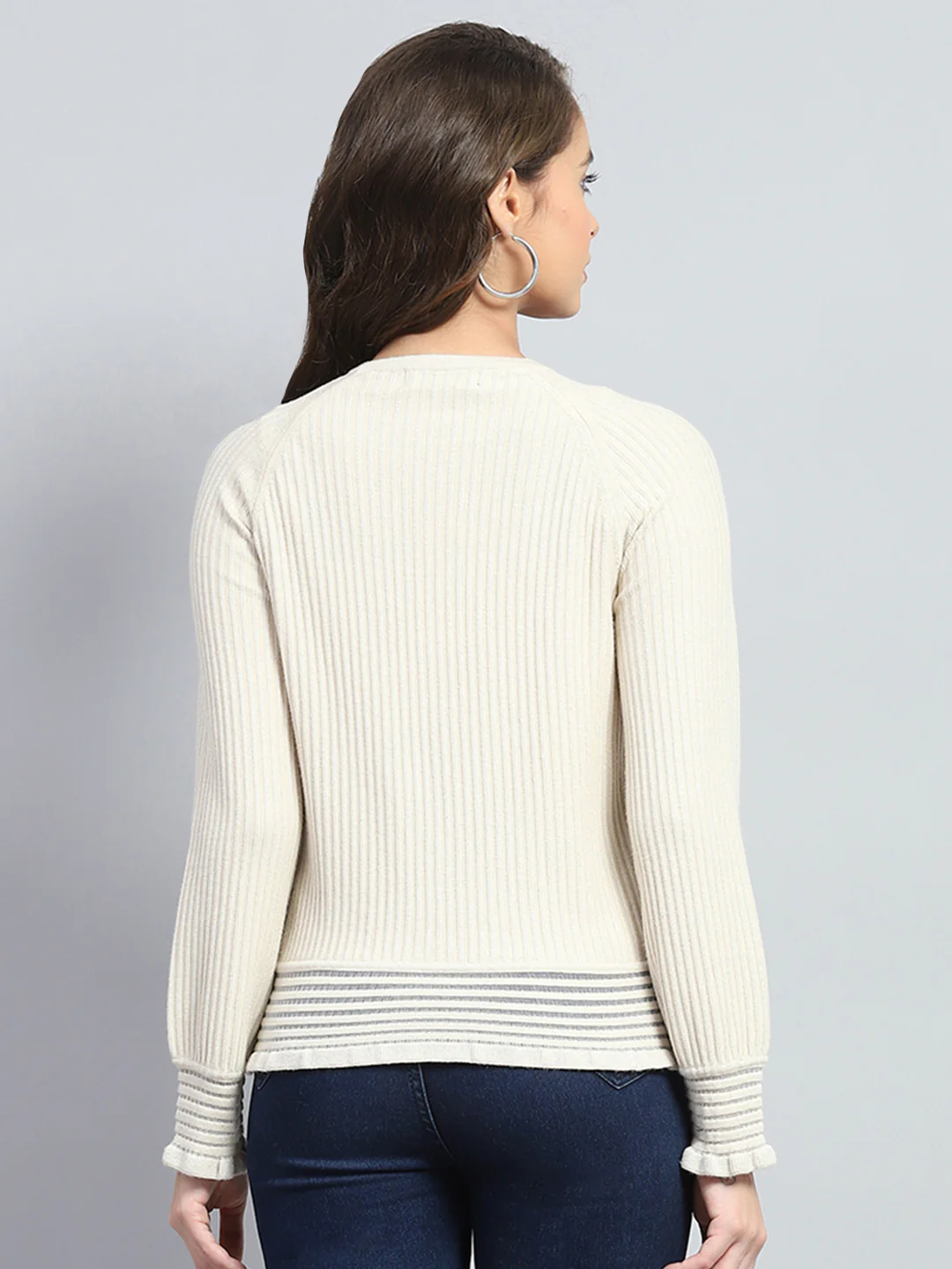 Women Beige Self Design Round Neck Full Sleeve Cardigan - Image 5