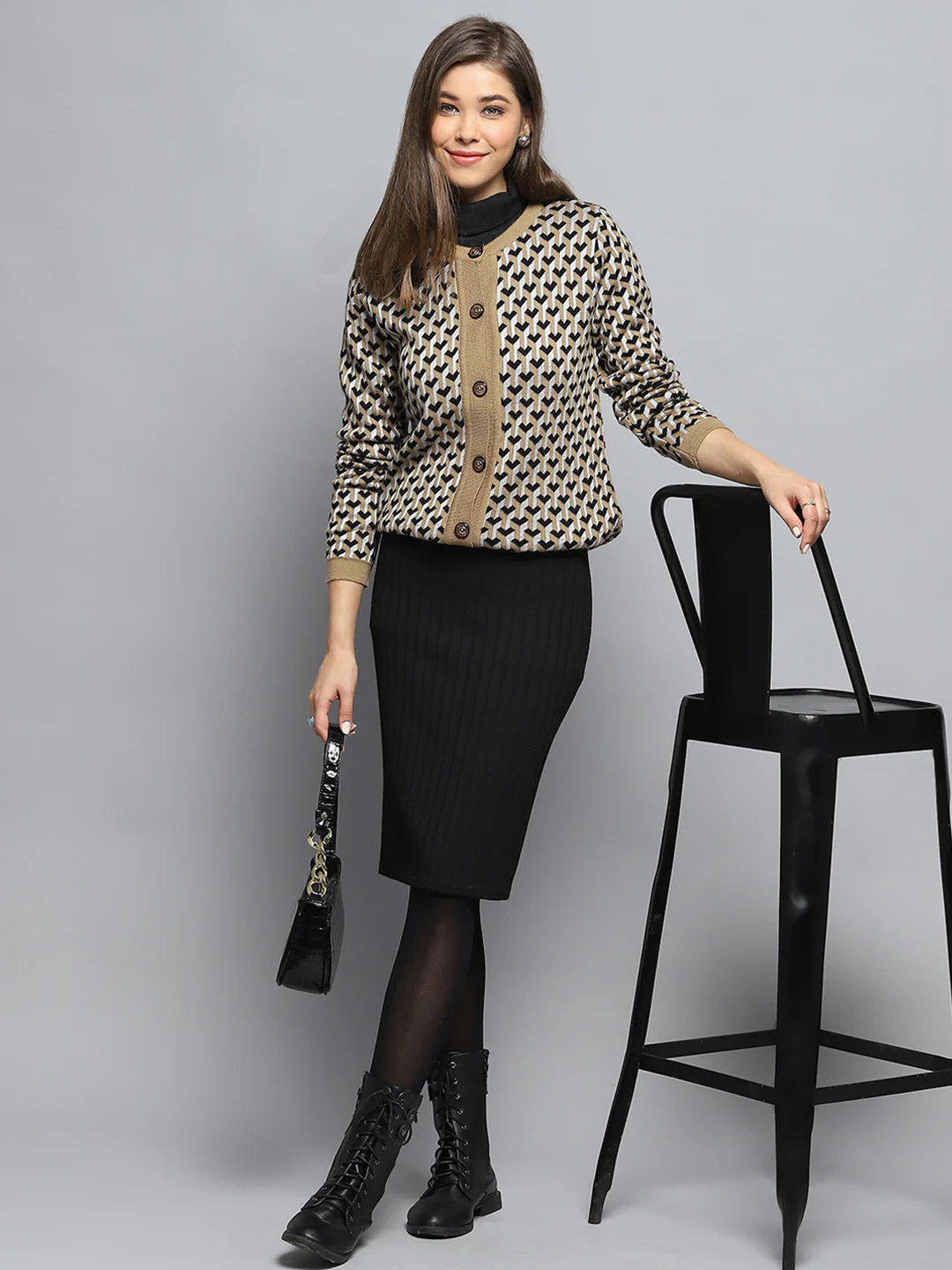 Women Beige Self Design Round Neck Full Sleeve Cardigan - Image 2