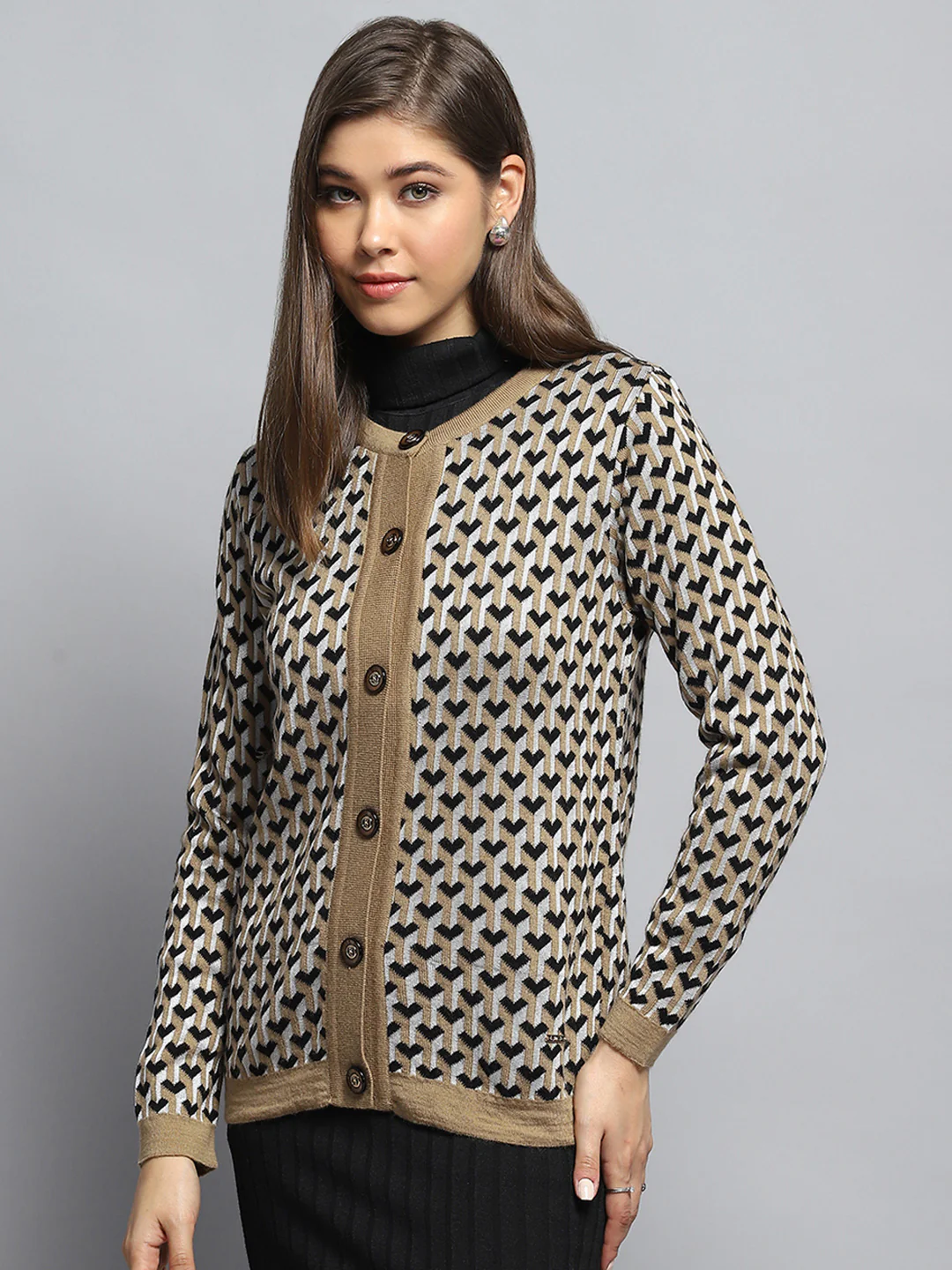 Women Beige Self Design Round Neck Full Sleeve Cardigan - Image 3