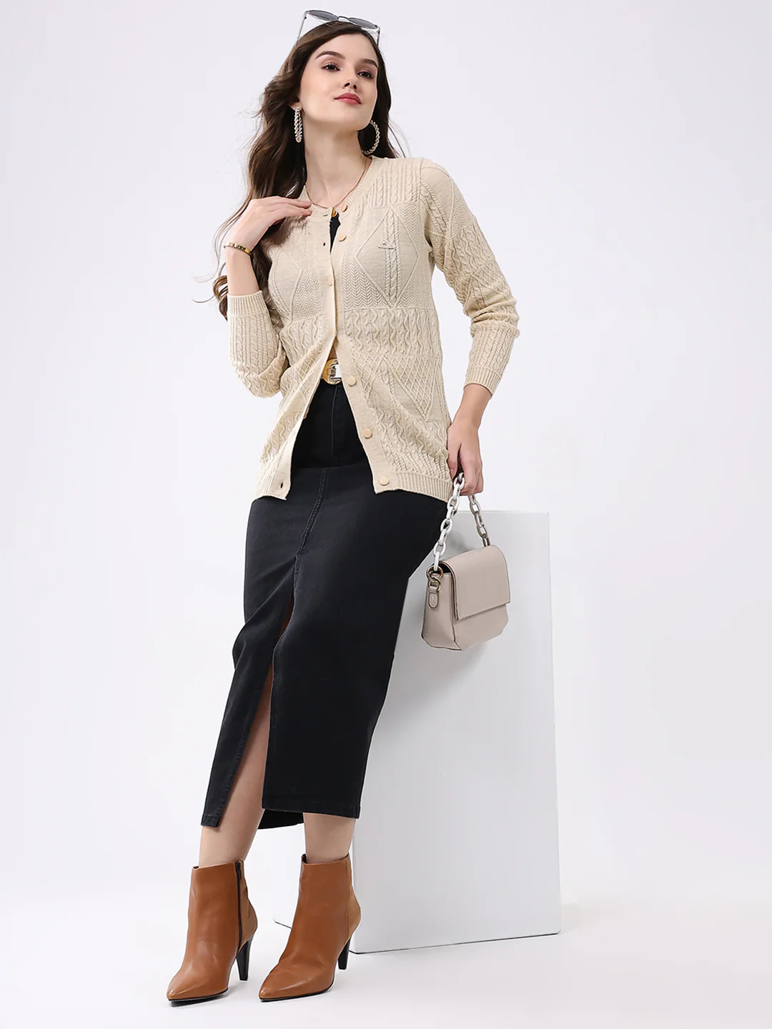 Women Beige Self Design Round Neck Full Sleeve Cardigan - Image 2