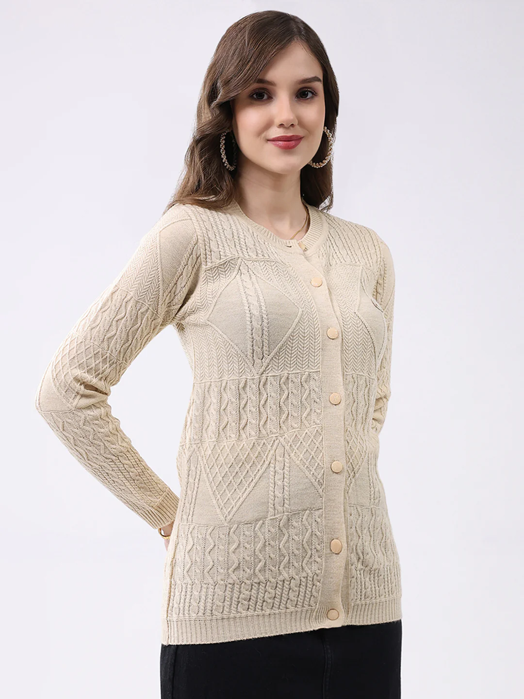Women Beige Self Design Round Neck Full Sleeve Cardigan - Image 4