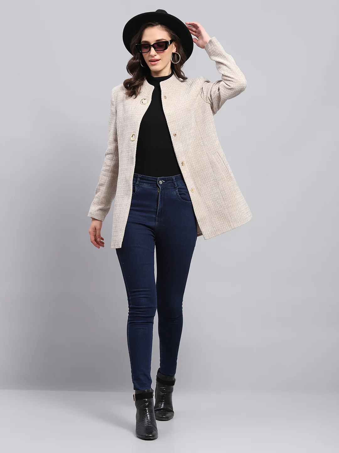 Women Beige Self Design Round Neck Full Sleeve Coat - Image 2