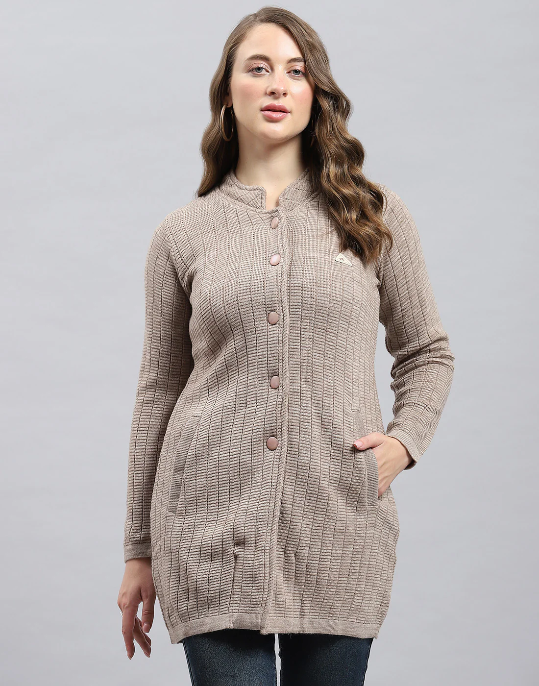 Women Beige Self Design Round Neck Full Sleeve Knitted coat - Image 2