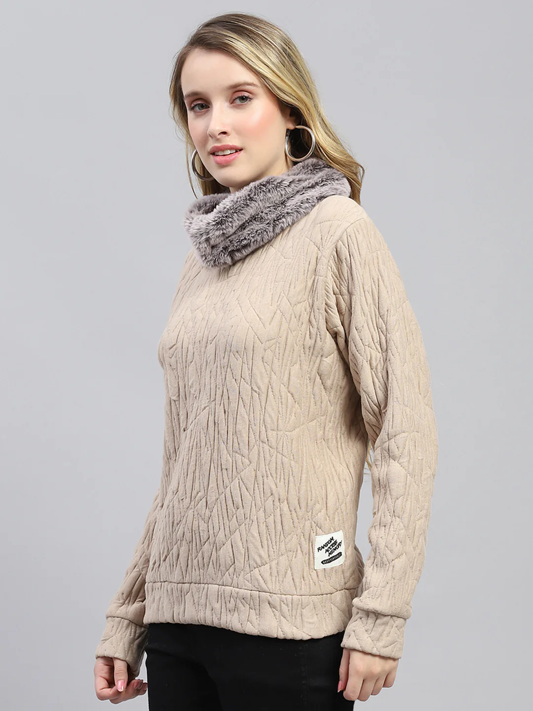 Women Beige Self Design Round Neck Full Sleeve Sweatshirt - Image 3