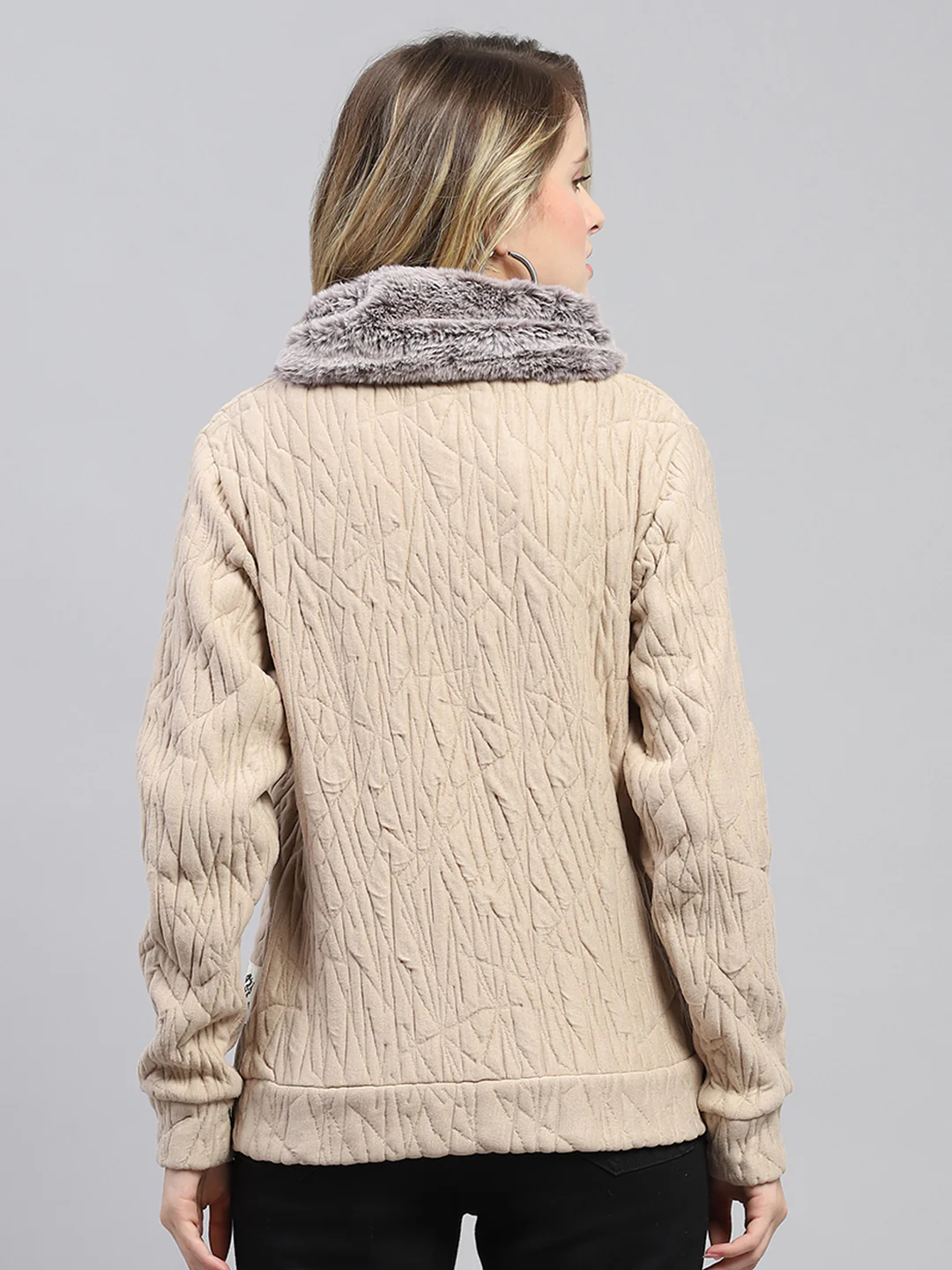 Women Beige Self Design Round Neck Full Sleeve Sweatshirt - Image 5
