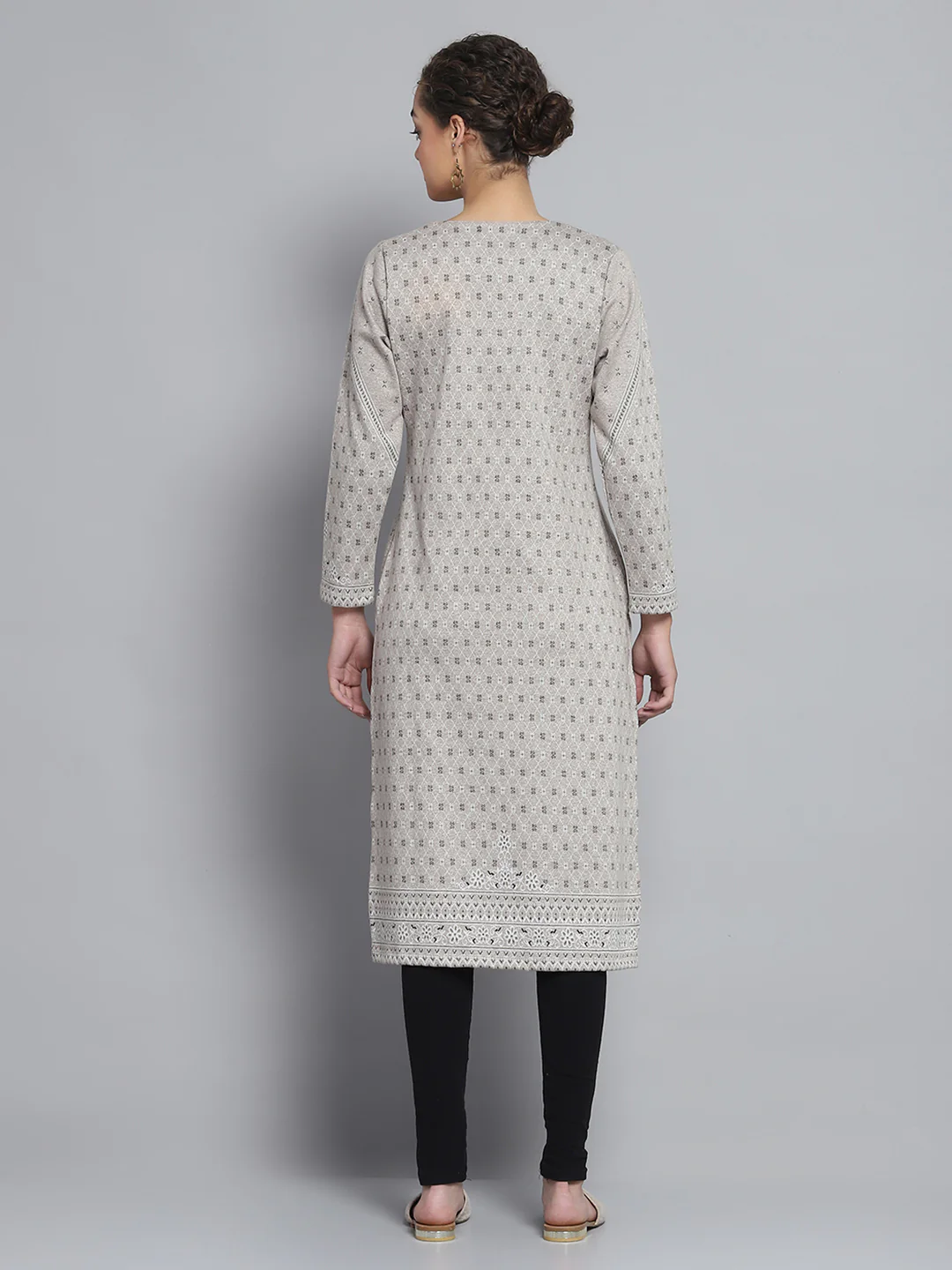 Women Beige Self Design Round Neck Full Sleeve Winter Kurti - Image 5