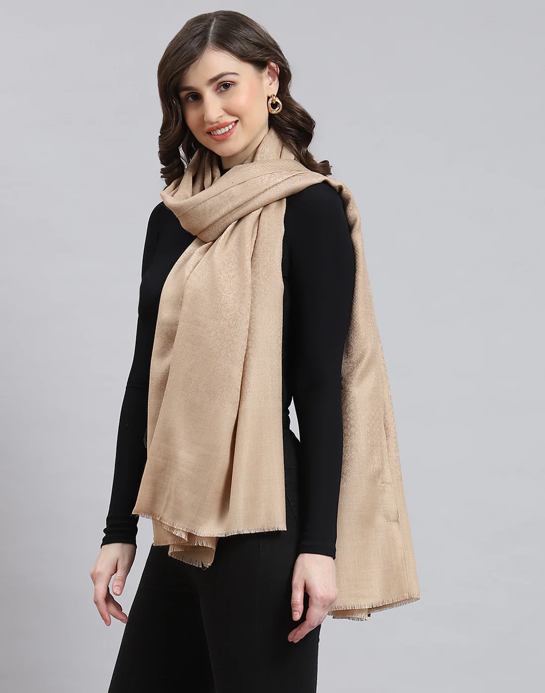 Women Beige Self Design Shawl - Image 4