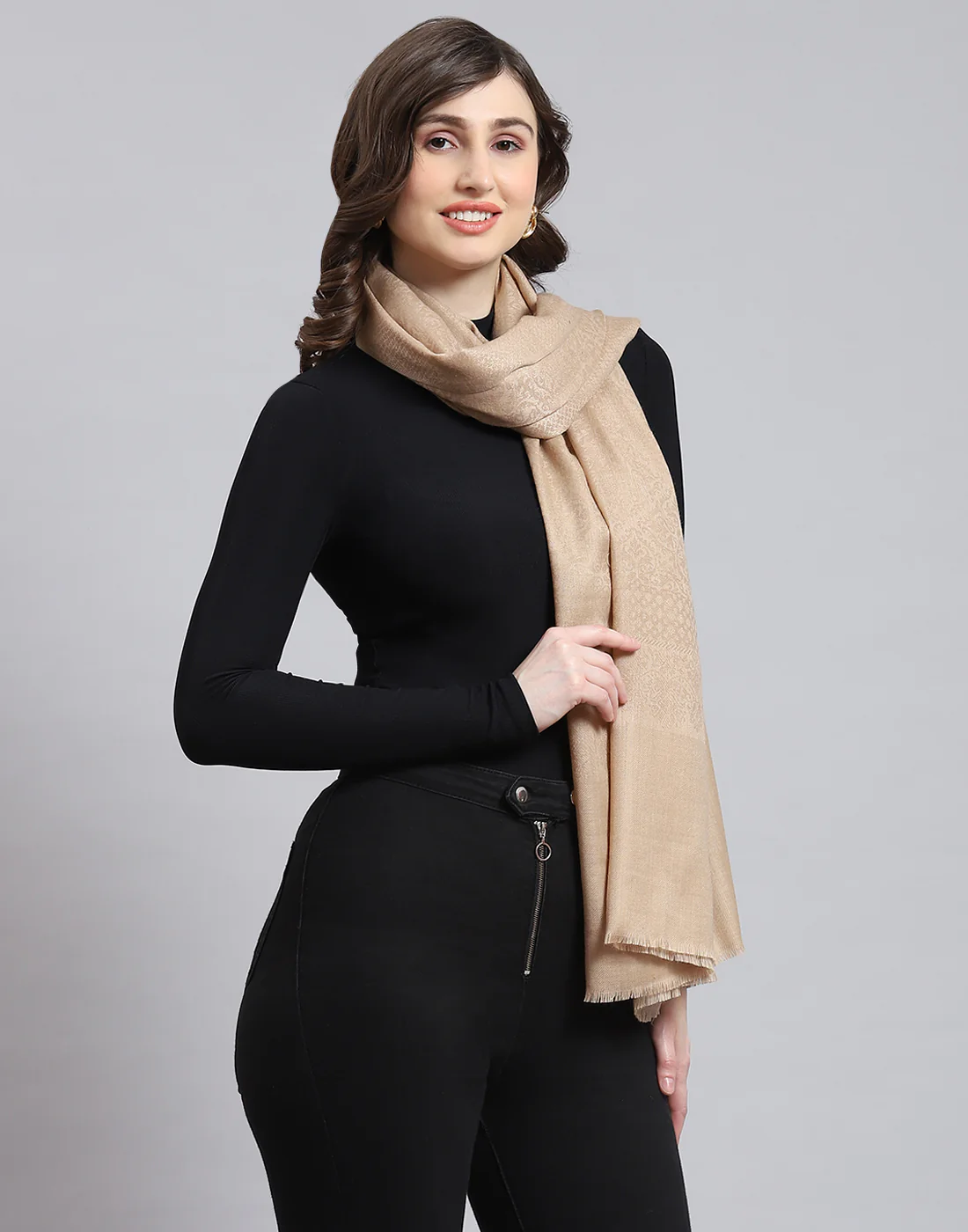 Women Beige Self Design Shawl - Image 5