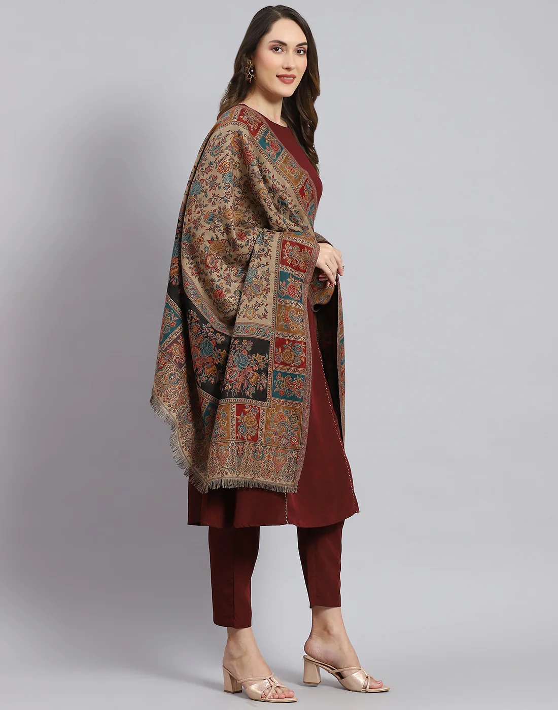 Women Beige Self Design Shawl - Image 4